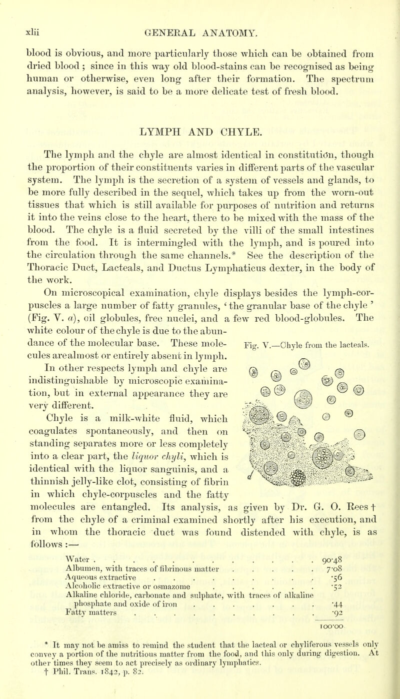 blood is obvious, and more particularly those which can be obtained from dried blood ; since in this way old blood-stains can be recognised as being human or otherwise, even long after their formation. The spectrum analysis, however, is said to be a more delicate test of fresh blood. LYMPH AND CHYLE. The lymph and the chyle are almost identical in constitution, though the proportion of their constituents varies in different parts of the vascular system. The lymph is the secretion of a system of vessels and glands, to be more fully described in the sequel, which takes up from the worn-out tissues that which is still available for purposes of nutrition and returns it into the veins close to the heart, there to be mixed with the mass of the blood. The chyle is a fluid secreted by the villi of the small intestines from the food. It is intermingled with the lymph, and is poured into the circulation through the same channels.* See the description of the Thoracic Duct, Lacteals, and Ductus Lymphaticus dexter, in the body of the work. On microscopical examination, chyle displays besides the lymph-cor- puscles a large number of fatty granules, ' the granular base of the chyle ' (Fig. Y. a), oil globules, free nuclei, and a few red blood-globules. The white colour of the chyle is due to the abun- dance of the molecular base. These mole- cules are almost or entirely absent in lymph. In other respects lymph and chyle are indistinguishable by microscopic examina- tion, but in external appearance they are very different. Chyle is a milk-white fluid, which coagulates spontaneously, and then on standing separates more or less completely into a clear part, the liquor chyli, which is identical with the liquor sanguinis, and a thinnish jelly-like clot, consisting of fibrin in which chyle-corpuscles and the fatty molecules are entangled. Its analysis, as given by Dr. Gr. 0. Rees f from the chyle of a criminal examined shortly after his execution, and in whom the thoracic duct was found distended with chyle, is as follows :—■ Water 90-48 Albumen, with traces of fibrinous matter 7-08 Aqueous extractive . . . f -56 Alcoholic extractive or osmazome ...... -52 Alkaline chloride, carbonate and sulphate, with traces of alkaline phosphate and oxide of iron 44 Fatty matters . . . . . . . . . . 92 too-oo * It may not be amiss to remind the student that the lacteal or chyliferous vessels only convey a portion of the nutritious matter from the food, and this only during' digestion. At other times they seem to act precisely as ordinary lymphatics. t Phil. Trans. 1842, p. 82. Fig-. V.—Chyle from the lacteals