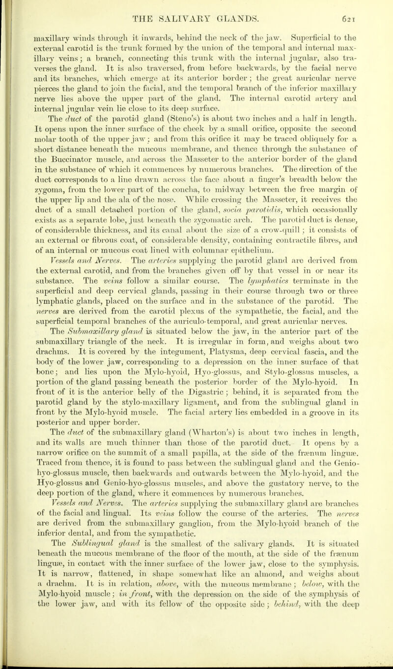 maxillary winds through it inwards, behind the neck of the jaw. Superficial to the external carotid is the trunk formed by the union of the temporal and internal max- illary veins; a branch, connecting this trunk with the internal jugular, also tra- verses the gland. It is also traversed, from before backwards, by the facial nerve and its branches, which emerge at its anterior border ; the great auricular nerve pierces the gland to join the facial, and the temporal branch of the inferior maxillar y nerve lies above the upper part of the gland. The internal carotid artery and internal jugular vein lie close to its deep surface. The duct of the parotid gland (Steno's) is about two inches and a half in length. It opens upon the inner surface of the cheek by a small orifice, opposite the second molar tooth of the upper jaw ; and from this orifice it may be traced obliquely for a short distance beneath the mucous membrane, and thence through the substance of the Buccinator muscle, and across the Masseter to the anterior border of the gland in the substance of which it commences by numerous branches. The direction of the duct corresponds to a line drawn across the face about a finger's breadth below the zygoma, from the lower part of the concha, to midway between the free margin of the upper lip and the ala of the nose. While crossing the Masseter, it receives the duct of a small detached portion of the gland, socia parotidis, which occasionally exists as a separate lobe, just beneath the zygomatic arch. The parotid duct is dense, of considerable thickness, and its canal about the size of a crow-quill; it consists of an external or fibrous coat, of considerable density, containing contractile fibres, and of an internal or mucous coat lined with columnar epithelium. Vessels and Nerves. The arteries supplying the parotid gland are derived from the external carotid, and from the branches given off by that vessel in or near its substance. The veins follow a similar course. The lymphatics terminate in the superficial and deep cerA^ical glands, passing in their course through two or three lymphatic glands, placed on the surface and in the substance of the parotid. The nerves are derived from the carotid plexus of the sympathetic, the facial, and the superficial temporal branches of the auriculo-temporal, and great auricular nerves. The Submaxillary gland, is situated below the jaw, in the anterior part of the submaxillary triangle of the neck. It is irregular in form, and weighs about two drachms. It is covered by the integument, Platysma, deep cervical fascia, and the body of the lower jaw, corresponding to a depression on the inner surface of that bone; and lies upon the Mylo-hyoid, Hyo-glossus, and Stylo-glossus muscles, a portion of the gland passing beneath the posterior border of the Mylo-hyoid. In front of it is the anterior belly of the Digastric ; behind, it is separated from the parotid gland by the stylo-maxillary ligament, and from the sublingual gland in front by the Mylo-hyoid muscle. The facial artery lies embedded in a groove in its posterior and upper border. The duct of the submaxillary gland (Wharton's) is about two inches in length, and its walls are much thinner than those of the parotid duct. It opens by a narrow orifice on the summit of a small papilla, at the side of the frsenum lingua?. Traced from thence, it is found to pass between the sublingual gland and the Genio- hyo-glossus muscle, then backwards and outwards between the Mylo-hyoid, and the Hyo-glossus and Genio-hyo-glossus muscles, and above the gustatory nerve, to the deep portion of the gland, where it commences by numerous branches. Vessels and Nerves. The arteries supplying the submaxillary gland are branches of the facial and lingual. Its veins follow the course of the arteries. The nerves are derived from the submaxillary ganglion, from the Mylo-hyoid branch of the inferior dental, and from the sympathetic. The Sublingual gland is the smallest of the salivary glands. It is situated beneath the mucous membrane of the floor of the mouth, at the side of the frsenum lingure, in contact with the inner surface of the lower jaw, close to the symphysis. It is narrow, flattened, in shape somewhat like an almond, and weighs about a drachm. It is in relation, above, with the mucous membrane ; beloiv, with the Mylo-hyoid muscle; in front, with the depression on the side of the symphysis of the lower jaw, and with its fellow of the opposite side j behind, with the deep
