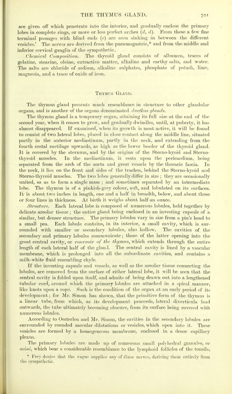 are given off which penetrate into the interior, and gradually enclose the primary lobes in complete rings, or more or less perfect arches (d, d). From these a few fine terminal passages with blind ends (e) are seen sinking in between the different vesicles.' The nerves are derived from the pneuniogastric,* and from the middle and inferior cervical ganglia of the sympathetic. Chemical Composition. The thyroid gland consists of albumen, traces of gelatine, stearine, oleine, extractive matter, alkaline and earthy salts, and water. The salts are chloride of sodium, alkaline sulphates, phosphate of potash, lime, magnesia, and a trace of oxide of iron. Thymus Gland. The thymus gland presents much resemblance in structure to other glandular organs, and is another of the organs denominated ductless glands. The thymus gland is a temporary organ, attaining its full size at the end of the second year, when it ceases to grow, and gradually dwindles, until, at puberty, it has almost disappeared. If examined, when its growth is most active, it will be found to consist of two lateral lobes, placed in close contact along the middle line, situated partly in the anterior mediastinum, partly in the neck, and extending from the fourth costal cartilage upwards, as high as the lower border of the thyroid gland. It is covered by the sternum, and by the origins of the Sterno-hyoid and Sterno- thyroid muscles. In the mediastinum, it rests upon the pericardium, being separated from the arch of the aorta and great vessels by the thoracic fascia. In the neck, it lies on the front and sides of the trachea, behind the Sterno-hyoid and Sterno-thyroid muscles. The two lobes generally differ in size ; they are occasionally united, so as to form a single mass ; and sometimes separated by an intermediate lobe. The thymus is of a pinkish-grey colour, soft, and lobulated on its surfaces. It is about two inches in length, one and a half in breadth, below, and about three or four lines in thickness. At birth it weighs about half an ounce. Structure. Each lateral lobe is composed of numerous lobules, held together by delicate areolar tissue; the entire gland being enclosed in an investing capsule of a similar, but denser structure. The primary lobules vary in size from a pin's head to a small pea. Each lobule contains, in its interior, a small cavity, which is sur- rounded with smaller or secondary lobules, also hollow. The cavities of the secondary and primary lobules communicate; those of the latter opening into the great central cavity, or reservoir of the thymus, which extends through the entire length of each lateral half of the gland. The central cavity is lined by a vascular membrane, which is prolonged into all the subordinate cavities, and contains a milk-white fluid resembling chyle. If the investing capsule and vessels, as well as the areolar tissue connecting the lobules, are removed from the surface of either lateral lobe, it will be seen that the central cavity is folded upon itself, and admits of being drawn out into a lengthened tubular cord, around which the primary lobules are attached in a spiral manner, like knots upon a rope. Such is the condition of the organ at an early period of its development; for Mr. Simon has shown, that the primitive form of the thymus is a linear tube, from which, as its development proceeds, lateral diverticula lead outwards, the tube ultimately becoming obscure, from its surface being covered with numerous lobules. According to Oesterlen and Mr. Simon, the cavities in the secondary lobules are surrounded by rounded saccular dilatations or vesicles, which open into it. These vesicles are formed by a homogeneous membrane, enclosed in a dense capillary plexus. The primary lobules are made up of numerous small polyhedral granules, or acini, which bear a considerable resemblance to the lymphoid follicles of the tonsils, * Frey denies that the vagus supplies any of these nerves, deriving them entirely from the sympathetic.