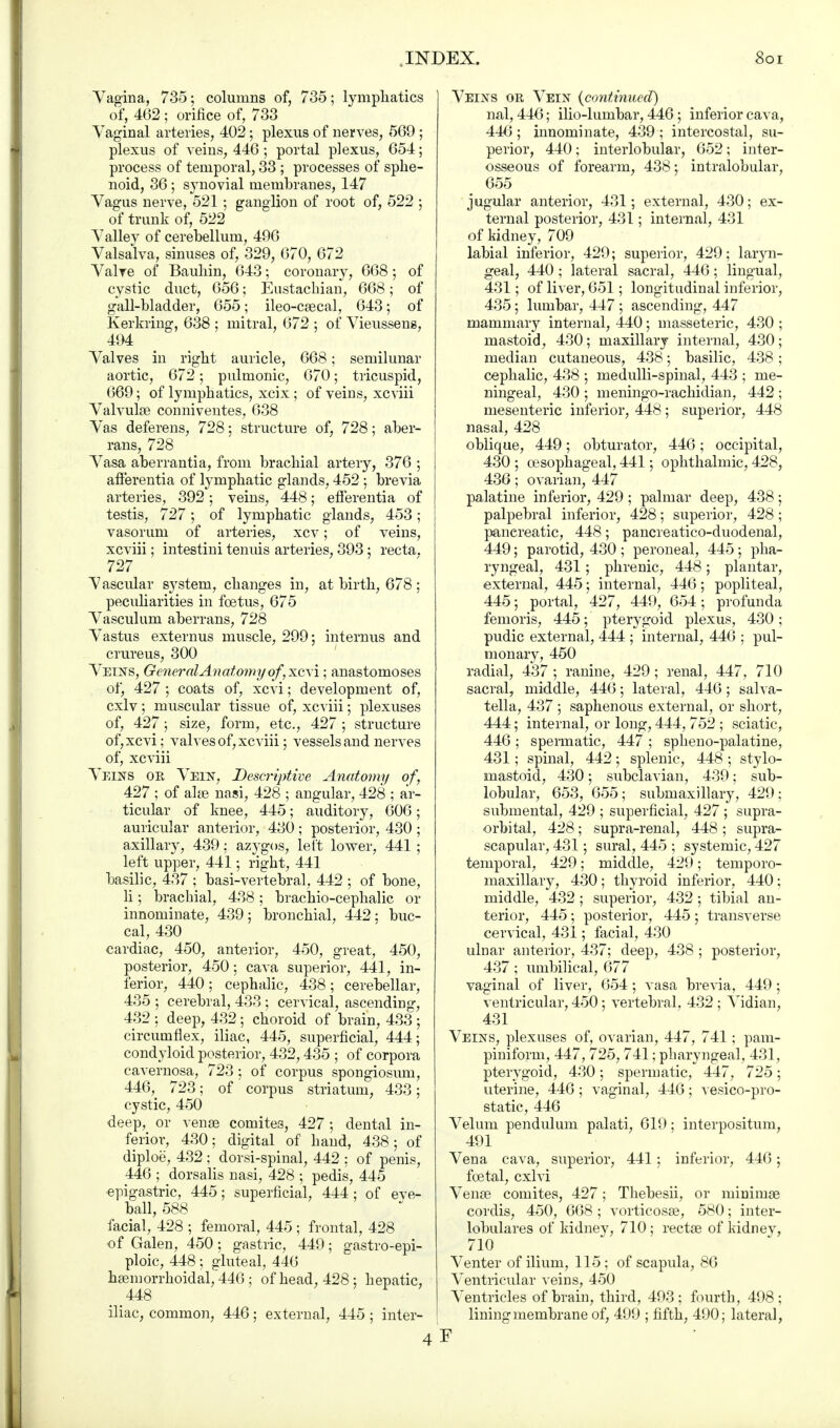 Vagina, 735; columns of, 735; lymphatics of, 462 ; orifice of, 733 Vaginal arteries, 402; plexus of nerves, 569 ; plexus of veins, 446; portal plexus, 654; process of temporal, 33 ; processes of sphe- noid, 36 ; synovial membranes, 147 Vagus nerve, 521 ; ganglion of root of, 522 ; of trunk of, 522 Valley of cerebellum, 496 Valsalva, sinuses of, 329, 670, 672 Valve of Bauhin, 643; coronary, 668; of cystic duct, 656; Eustachian, 668; of gall-bladder, 655; ileo-csecal, 643; of Kerkring, 638 ; mitral, 672 ; of Vieussens, 494 Valves in right auricle, 668; semilunar aortic, 672; pulmonic, 670; tricuspid, 669; of lymphatics, xcix ; of veins, xcviii Valvule conniventes, 638 Vas deferens, 728; structure of, 728; aber- rans, 728 Vasa aberrantia, from brachial artery, 376 ; afferentia of lymphatic glands, 452 ; brevia arteries, 392; veins, 448; efferentia of testis, 727; of lymphatic glands, 453; vasorum of arteries, xcv; of veins, xcviii; intestini tenuis arteries, 393: recta. 727 Vascular system, changes in, at birth, 678; peculiarities in foetus, 675 Vasculum aberrans, 728 Vastus externus muscle, 299; internus and crureus, 300 Vein's, GeneralAnatomyof, xcvi; anastomoses of, 427 ; coats of, xcvi; development of, cxlv; muscular tissue of, xci iii; plexuses of, 427; size, form, etc., 427 ; structure of, xcvi; valves of, xcviii; vessels and nerves of, xcviii Veins or Vein, Descriptive, Anatomy of, 427 ; of alse nasi, 428 ; angular, 428 ; ar- ticular of knee, 445; auditory, 606; auricular anterior, 430 ; posterior, 430 ; axillary, 439; azygos, left lower, 441 ; left upper, 441; right, 441 basilic, 437 ; basi-vertebral, 442 ; of bone, li; brachial, 438; brachiocephalic or innominate, 439; bronchial, 442: buc- cal, 430 cardiac, 450, anterior, 450, great, 450, posterior, 450; cava superior, 441, in- ferior, 440 ; cephalic, 438 ; cerebellar, 435 ; cerebral, 433 ; cervical, ascending, 432 ; deep, 432 ; choroid of brain, 433 ; circumflex, iliac, 445, superficial, 444; condyloid posterior, 432,435 ; of corpora cavernosa, 723; of corpus spongiosum, 446, 723; of corpus striatum, 433; cystic, 450 deep, or vensB comite3, 427 ; dental in- ferior, 430; digital of hand, 438; of diploe, 432 ; dorsi-spinal, 442 ; of penis, 446 ; dorsalis nasi, 428 ; pedis, 445 epigastric, 445; superficial, 444; of eve- ball, 588 facial, 428 ; femoral, 445 ; frontal, 428 of Galen, 450; gastric, 449; gastroepi- ploic, 448; gluteal, 446 hemorrhoidal, 446; of head, 428; hepatic, 448 iliac, common, 446; external, 445 ; inter- Veins or Vein {continued) nal, 446; ilio-lumbar, 446; inferior cava, 446; innominate, 439 ; intercostal, su- perior, 440; interlobular, 652; inter- osseous of forearm, 438; intralobular, 655 jugular anterior, 431; external, 430; ex- ternal posterior, 431; internal, 431 of kidney, 709 labial inferior, 429; superior, 429; laryn- geal, 440; lateral sacral, 446; lingual, 431; of liver, 651; longitudinal inferior, 435; lumbar, 447 ; ascending, 447 mammary internal, 440; masseteric, 430 ; mastoid, 430; maxillary internal, 430; median cutaneous, 438; basilic, 438 ; cephalic, 438 ; medulli-spinal, 443 ; me- ningeal, 430 ; meningo-rachidian, 442 ; mesenteric inferior, 448; superior, 448 nasal, 428 oblique, 449; obturator, 446; occipital, 430 ; oesophageal, 441; ophthalmic, 428, 436; ovarian, 447 palatine inferior, 429; palmar deep, 438; palpebral inferior, 428; superior, 428; pancreatic, 448; pancreatico-duodenal, 449; parotid, 430 ; peroneal, 445; pha- ryngeal, 431; phrenic, 448 ; plantar, external, 445; internal, 446; popliteal, 445; portal, 427, 449, 654; profunda femoris, 445; pterygoid plexus, 430 ; pudic external, 444 ; internal, 446 ; pul- monary, 450 radial, 437 ; ranine, 429; renal, 447, 710 sacral, middle, 446; lateral, 446; salva- tella, 437 ; saphenous external, or short, 444; internal, or long, 444, 752 ; sciatic, 446 ; spermatic, 447 ; spheno-palatine, 431; spinal, 442; splenic, 448 ; stylo- mastoid, 430; subclavian, 439; sub- lobular, 653, 655; submaxillary, 429 ; submental, 429 ; superficial, 427 ; supra- orbital, 428; supra-renal, 448 ; supra- scapular, 431; sural, 445 ; systemic, 427 temporal, 429; middle, 429; temporo- maxillary, 430; thyroid inferior, 440; middle, 432 ; superior, 432; tibial an- terior, 445; posterior, 445 ; transverse cervical, 431; facial, 430 ulnar anterior, 437; deep, 438 ; posterior, 437; umbilical, 677 vaginal of liver, 654; vasa brevia, 449; ventricular, 450; vertebral. 432 ; Vidian, 431 Veins, plexuses of, ovarian, 447, 741; pam- piniform, 447, 725, 741; pharyngeal, 431, pterygoid, 430; spermatic, 447, 725; uterine, 446; vaginal, 446; vesico-pro- static, 446 Velum pendulum palati, 619; interpositum, 491 Vena cava, superior, 441; inferior, 446; foetal, cxlvi Vense comites, 427; Thebesii, or minimae cordis, 450, 668 ; vorticosae, 580; inter- lobular of kidney, 710 ; rectae of kidney, 710 Venter of ilium, 115; of scapula, 86 Ventricular A-eins, 450 Ventricles of brain, third, 493; fourth, 498; lining membrane of, 499 ; fifth, 490; lateral, F