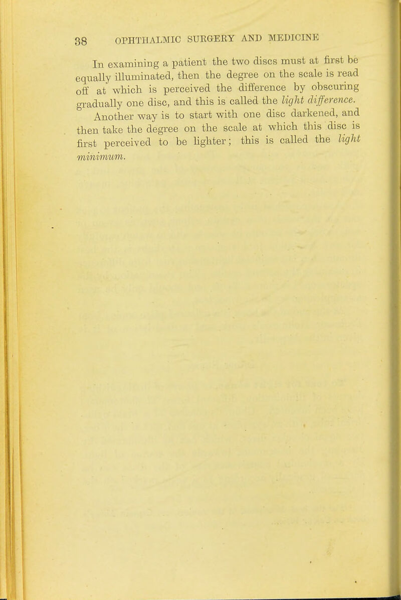 In examining a patient the two discs must at first be equally illuminated, then the degree on the scale is read olf at which is perceived the difference by obscuring gradually one disc, and this is called the light difference. Another way is to start with one disc darkened, and then take the degree on the scale at which this disc is first perceived to be hghter; this is called the light minimum.