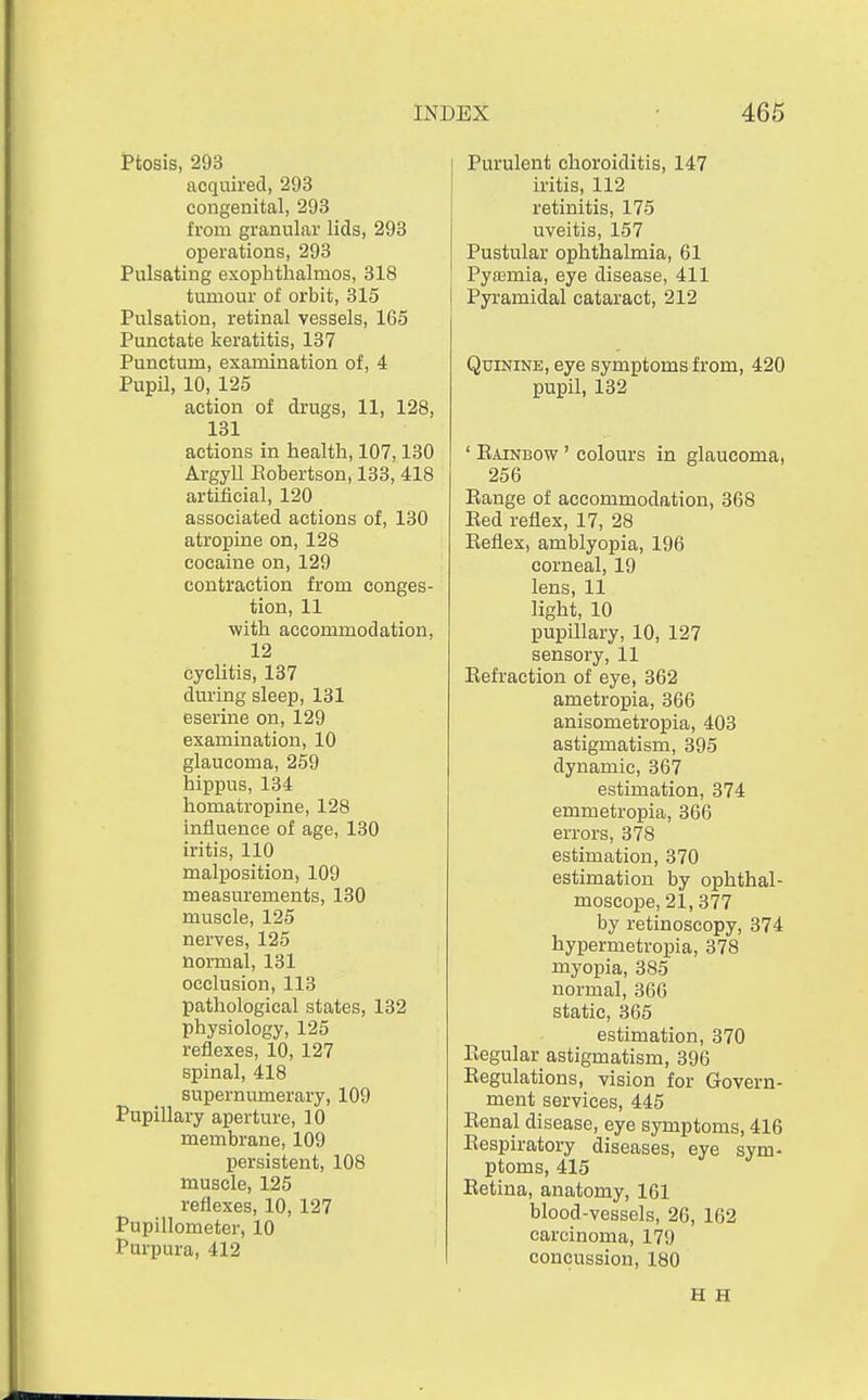 Ptosis, 293 acquired, 293 congenital, 293 from granular lids, 293 operations, 293 Pulsating exophthalmos, 318 tumour of orbit, 315 Pulsation, retinal vessels, 165 Punctate keratitis, 137 Punctum, examination of, 4 Pupil, 10, 125 action of drugs, 11, 128, 131 actions in health, 107,130 Argyll Eobertson, 133, 418 artificial, 120 associated actions of, 130 atropine on, 128 cocaine on, 129 contraction from conges- tion, 11 with accommodation, 12 cyclitis, 137 during sleep, 131 eserine on, 129 examination, 10 glaucoma, 259 hippus, 134 homatropine, 128 influence of age, 130 iritis, 110 malposition, 109 measurements, 130 muscle, 125 nerves, 125 normal, 131 occlusion, 113 pathological states, 132 physiology, 125 reflexes, 10, 127 spinal, 418 supernumerary, 109 Pupillary aperture, 10 membrane, 109 persistent, 108 muscle, 125 reflexes, 10, 127 Pupillometer, 10 Purpura, 412 Purulent choroiditis, 147 iritis, 112 retinitis, 175 uveitis, 157 Pustular ophthalmia, 61 Pyffimia, eye disease, 411 Pyramidal cataract, 212 Qdinine, eye symptoms from, 420 pupil, 132 ' Eainbow ' colours in glaucoma, 256 Kange of accommodation, 368 Bed reflex, 17, 28 Beflex, amblyopia, 196 corneal, 19 lens, 11 light, 10 pupillary, 10, 127 sensory, 11 Eefraction of eye, 362 ametropia, 366 anisometropia, 403 astigmatism, 395 dynamic, 367 estimation, 374 emmetropia, 366 errors, 378 estimation, 370 estimation by ophthal- moscope, 21,377 by retinoscopy, 374 hypermetropia, 378 myopia, 385 normal, 366 static, 365 estimation, 370 Regular astigmatism, 396 Regulations, vision for Govern- ment services, 445 Renal disease, eye symptoms, 416 Respiratory diseases, eye sym- ptoms, 415 Retina, anatomy, 161 blood-vessels, 26, 162 carcinoma, 179 concussion, 180 H H