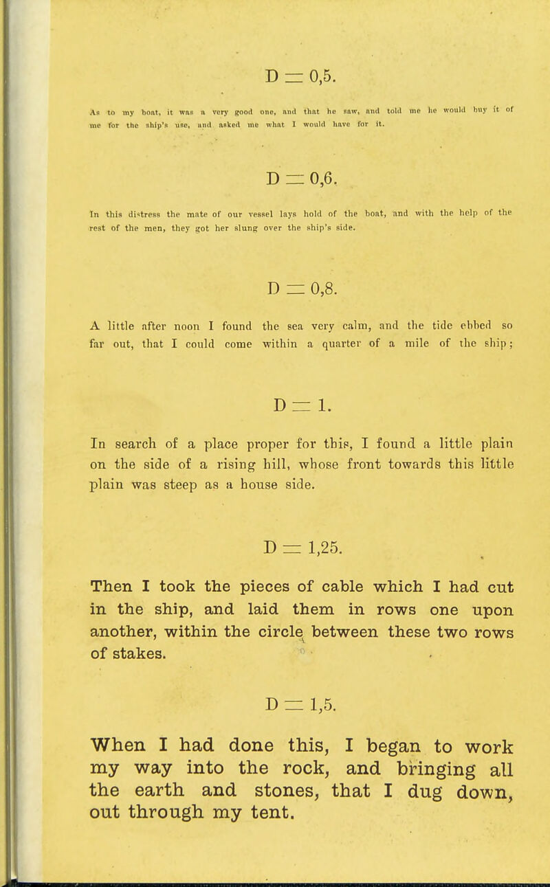 D = 0,5. As to my boat, it was ti vorj' good one, and that he paw, and told ine ho would buy it of me for the ship's use, iind aoked me what I would have for it. D =1 0,6. In this di-itress the mate of our vessel lays hold of the hoat, and with the help of the rest of the men, they got her slung over the ship's side. D - 0,8. A little after noon I found the sea very calm, and the tide ebhed so far out, that I could come within a quarter of a mile of the ship; D= 1. In search of a place proper for this, I found a little plain on the side of a rising hill, whose front towards this little plain was steep as a house side. D = 1,25. Then I took the pieces of cable which I had cut in the ship, and laid them in rows one upon another, within the circle between these two rows of stakes. D - 1,5. When I had done this, I began to work my way into the rock, and bringing all the earth and stones, that I dug down, out through my tent.