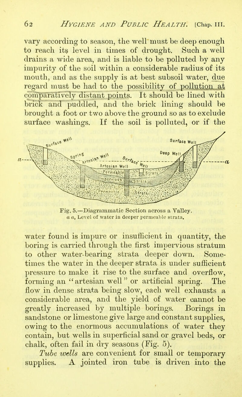 vary according to season, the well must be deep enough to reach its level in times of drought. Such a well drains a wide area, and is liable to be polluted by any impurity of the soil within a considerable radius of its mouth, and as the supply is at best subsoil water, due regard must be had to the possibility of pollution at comparatively distant points. It should be lined with brick and puddled, and the brick lining should be brought a foot or two above the ground so as to exclude surface washings. If the soil is polluted, or if the Fig. 5.—Diagrammatic Section across a Valley. a a. Level of water iu deeper periueahle strata. water found is impure or insufficient in quantity, the boring is carried through the first impervious stratum to other water-bearing strata deeper down. Some- times the water in the deeper strata is under sufficient pressure to make it rise to the surface and overflow, forming an artesian well or artificial spring. The flow in dense strata being slow, each well exhausts a considerable area, and the yield of water cannot be greatly increased by multiple borings. Borings in sandstone or limestone give large and constant supplies, owing to the enormous accumulations of water they contain, but wells in superficial sand or gravel beds, or chalk, often fail in dry seasons (Fig. 5). Tube wells are convenient for small or temporary supplies. A jointed iron tube is driven into the