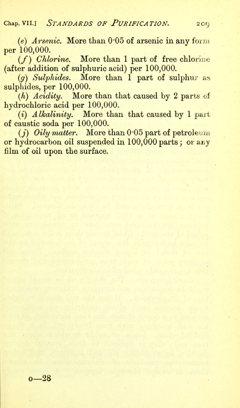 (e) Arsenic, More than 0*05 of arsenic in any form per 100,000. (/) Chlorine. More than 1 part of free chlorine (after addition of sulphuric acid) per 100,000. {g) Sulphides. More than 1 part of sulphur as sulphides, per 100,000. (A) Acidity. More than that caused by 2 parts of hydrochloric acid per 100,000. (i) Alkalinity. More than that caused by 1 part of caustic soda per 100,000. U) Oily matter. More than 0*05 part of petroleum or hydrocarbon oil suspended in 100,000 parts; or auy film of oil upon the surface. 0—28