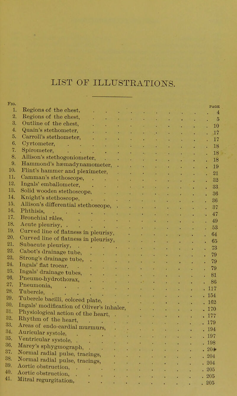 LIST OF ILLUSTRATIOl^S. Fig. 1. Regions of the chest, ... 2. Regions of the chest, 3. Outline of the chest, 4. Quain's stethometer, 5. Carroll's stethometer, 6. Cyrtometer, 7. Spirometer, 8. Allison's stethogoniometer, 9. Hammond's haemadynamometer, . 10. Flint's hammer and pleximeter, 11. Camman's stethoscope, 12. Ingals' emballometer, 13. Solid wooden stethoscope, 14. Knight's stethoscope, ... 15. Allison's differential stethoscope, . 16. Phthisis, 17. Bronchial r41es, .... 18. Acute pleurisy, 19. Curved line of flatness in pleurisy, 20. Curved line of flatness in pleurisy, 21. Subacute pleurisy, 22. Cabot's drainage tube, 23. Strong's drainage tube, . 24. Ingals' flat trocar, 25. Ingals' drainage tubes, . . . . 26. Pneumo-hydrothorax, . . . . 27. Pneumonia, . . 28. Tubercle, . 29. Tubercle bacilli, colored plate, . '. 30. Ingals' modification of Oliver's inhaler, 31. Physiological action of the heart, . 32. Rhythm of the heart 33. Areas of endo cardial murmurs, 34. Auricular systole, . . . . . 35. Ventricular systole, . . . . . 36. Marey's sphygmograph, . . . . 37. Normal radial pulse, tracings, 38. Normal radial pulse, tracings, 39. Aortic obstruction, 40. Aortic obstruction, . . . . . 41. Mitral regurgitation, ....