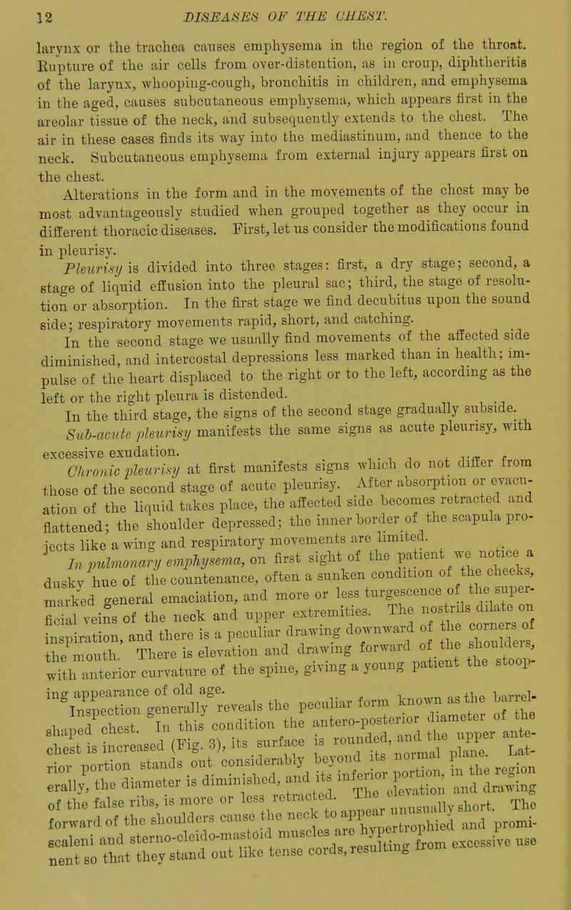 larynx or the trachea causes emphysema in the region of the throat. Rupture of the air cells from over-distention, as in croup, diphtheritis of the larynx, whooping-cough, bronchitis in children, and emphysema in the aged, causes subcutaneous emphysema, which appears first in the areolar tissue of the neck, and subsequently extends to the chest. The air in these cases finds its way into the mediastinum, and thence to the neck. Subcutaneous emphysema from external injury appears first on the chest. Alterations in the form and in the movements of the chest may be most advantageously studied when grouped together as they occur in different thoracic diseases. First, let us consider the modifications found in pleurisy. Pleurisy \?, divided into three stages: first, a dry stage; second, a stage of liquid effusion into the pleural sac; third, the stage of resolu- tion or absorption. In the first stage we find decubitus upon the sound side; respiratory movements rapid, short, and catching. In the second stage we usually find movements of the affected side diminished, and intercostal depressions less marked than in health; im- pulse of the heart displaced to the right or to the left, according as the left or the right pleura is distended. In the third stage, the signs of the second stage gradually subside. Sub-acute pletirisy manifests the same signs as acute pleurisy, with excessive exudation. , . , ., . e Chronic pleurisy at first manifests signs which do not difier from those of the second stage of acute pleurisy. After absorption or evacu- ation of the liquid takes place, the affected side becomes retracted and flattened; the shoulder depressed; the inner border of the scapula pre- lects like a wing and respiratory movements are limited. ^ Inpuhnonc^^y emphysema, on first sight of the patient we notice a dusky hue of the countenance, often a sunken condition of the cheeks, milked general emaciation, and more or less turgescence of the super- fidaT veif s of the neck and upper extremities. The nostrils dilate on fnspiration, and there is a peculiar drawing downward o the corners^ the mouth There is elevation and drawmg forward of the shoulcleis, terior curvature of the spine, giving a young patient the stoop- ^^'S^t:::?;en Pecmiavform known as ^e barre. 3haj7chest. tz^zTZ:'^- ™ioulders cause the neck to apP- ecaleni and sterno-cleido-mastoid -^-l- ^^^^^^^^^^ excessive use nentso that they stand out like tense cords, resultm.