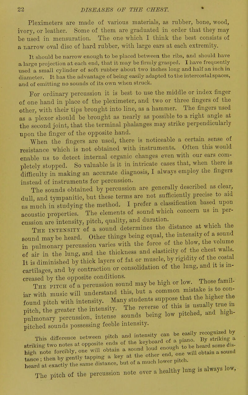 Pleximeters are made of various materials, as rubber, bone, -wood, ivory, or leatlier. Some of tliem are graduated in order tliat they may be iised in mensuration. The one which I think the best consists of a narrow oval disc of hard rubber, with large ears at each extremity. It should be narrow enough to be placed between the ribs, and should have a large projection at each end, that it may be firmly grasped. I have frequently used a small cylinder of soft rubber about two inches long and half an inch in diameter. It has the advantage of being easily adapted to the intercostal spaces, and of emitting no sounds of its own when struck. For ordinary percussion it is best to use the middle or index finger of one hand in place of the pleximeter, and two or three fingers of the other, with their tips brought into line, as a hammer. The fingers used as a plexor should be brought as nearly as possible to a right angle at the second joint, that the terminal phalanges may strike perpendicularly upon the finger of the opposite hand. When the fingers are used, there is noticeable a certain sense of resistance which is not obtained with instruments. Often this would enable us to detect internal organic changes even with our ears com- pletely stopped. So valuable is it in intricate cases that, when there is difficulty in making an accurate diagnosis, I always employ the fingers instead of instruments for percussion. The sounds obtained by percussion are generally described as clear dull and tympanitic, but these terms are not sufficiently precise to aid us much in studying the method. I prefer a classification based upon acoustic properties. The elements of sound which concern us m per- cussion are intensity, pitch, quality, and duration. , , • . ^ , The intensity of a sound determines the distance at which the sound may be heard. Other things being equal, the intensity of a sound n pulmonary percussion varies with the force of the blow, the volume of air in the lung, and the thickness and elasticity of the chest walL ft is diminished by thick layers of fat or muscle, by rigidity cosUl cartilages, and by contraction or consolidation of the lung, and it is m- creased by the opposite conditions. , , ti^m^p fnmil The pitch of a percussion sound maybe high or low. Thosefarnil- iar with music will understand this, but a ^ornrnon Me .s^^^^^^ found pitch with intensity. Many students ^^VV'^^.f^^''^^^^^ pitch, the greater the intensity. The reverse o ^ ^^^^^^^^^^^^ pulmonary percussion, intense sounds being low pitched, and high pitched sounds possessing feeble intensity. This difference between pitch and intensity can be e»ily striking two notes at opposite ends ot Ty^jf;/ Cbe heL some dis- high note forcibly, one w,ll obtam a so ind 1™^/Si „ ^t,,,,^ „ ,„„„<i tance-then by gently tapping a key at the othe. end, one wi S'at ex Jl^the san,e distance, but ol a much lower p.tch. The pitch of the percnssion note over a health, lung .» always low.