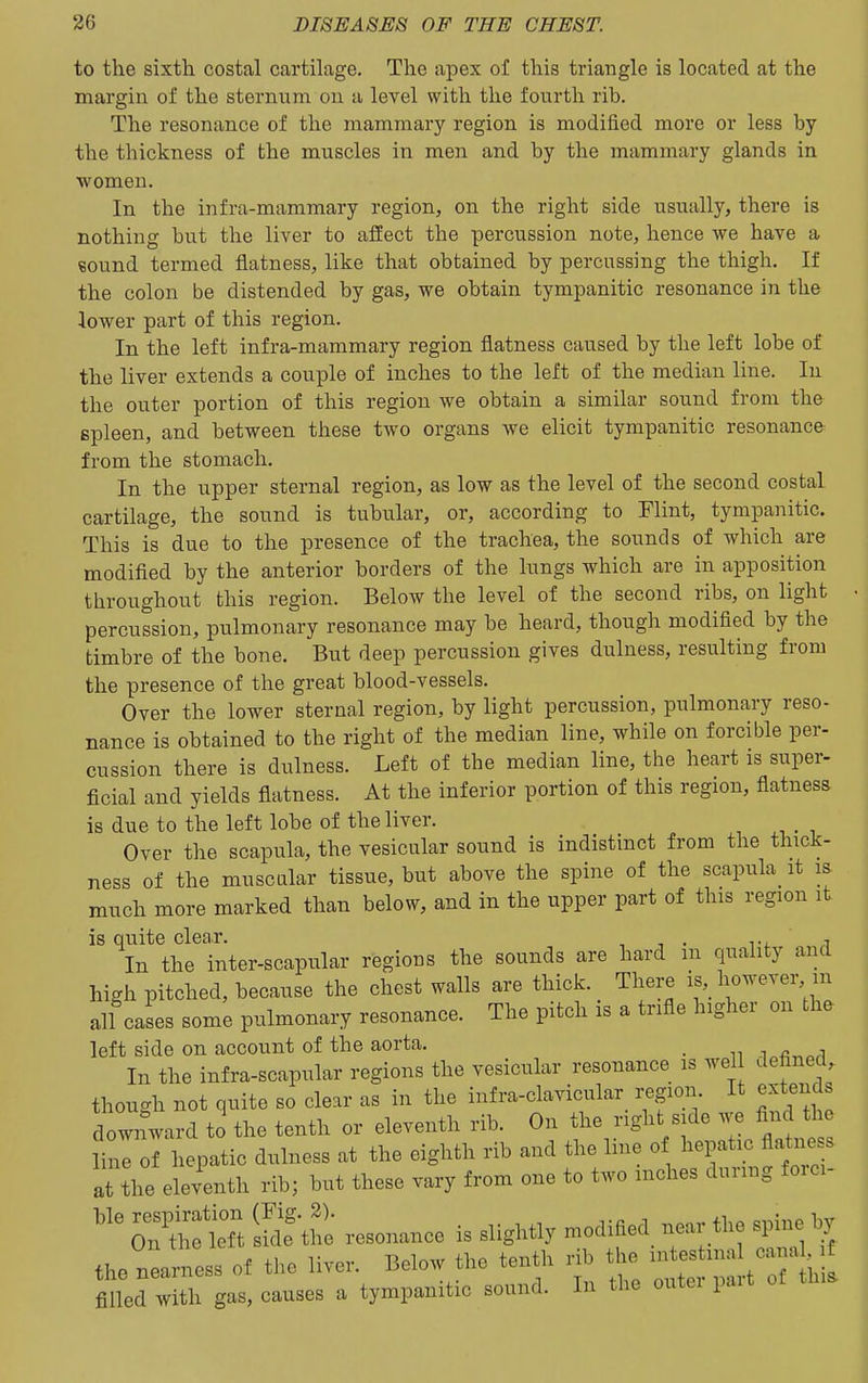 to the sixth costal cartilage. The apex of this triangle is located at the margin of the sternum on a level with the fourth rib. The resonance of the mammary region is modified more or less by the thickness of the muscles in men and by the mammary glands in women. In the infra-mammary region, on the right side usually, there is nothing but the liver to afEect the percussion note, hence we have a eound termed flatness, like that obtained by percussing the thigh. If the colon be distended by gas, we obtain tympanitic resonance in the lower part of this region. In the left infra-mammary region flatness caused by the left lobe of the liver extends a couple of inches to the left of the median line. In the outer portion of this region we obtain a similar sound from the spleen, and between these two organs Ave elicit tympanitic resonance from the stomach. In the upper sternal region, as low as the level of the second costal cartilage, the sound is tubular, or, according to Flint, tympanitic. This is due to the presence of the trachea, the sounds of which are modified by the anterior borders of the lungs which are in apposition throughout this region. Below the level of the second ribs, on light percussion, pulmonary resonance may be heard, though modified by the timbre of the bone. But deep percussion gives dulness, resulting from the presence of the great blood-vessels. Over the lower sternal region, by light percussion, pulmonary reso- nance is obtained to the right of the median line, while on forcible per- cussion there is dulness. Left of the median line, the heart is super- ficial and yields flatness. At the inferior portion of this region, flatness is due to the left lobe of the liver. Over the scapula, the vesicular sound is indistinct from the thick- ness of the muscular tissue, but above the spine of the scapula_ it is much more marked than below, and in the upper part of this region it is quite cleaT. ^^L a In the inter-scapular regions the sounds are hard m quality and high pitched, because the chest walls are thick. There is,_ however m all cases some pulmonary resonance. The pitch is a trifle higher on the left side on account of the aorta. _ In the infra-scapular regions the vesicular resonance is wel defined, though not quite so clear as in the infra-clavicular region It extends downward to the tenth or eleventh rib. On the right side we find the lini of hepatic dulness at the eighth rib and the line o hepatic flatne s iTthe eleventh rib; but these vary from one to two inches during forci- O^tfleTt luif'the resonance is slightly modified near the spine by the newness of the liver. Below the tenth rib the -t-tmal cana f fi led with gas, causes a tympanitic sound. In the outer part of thia