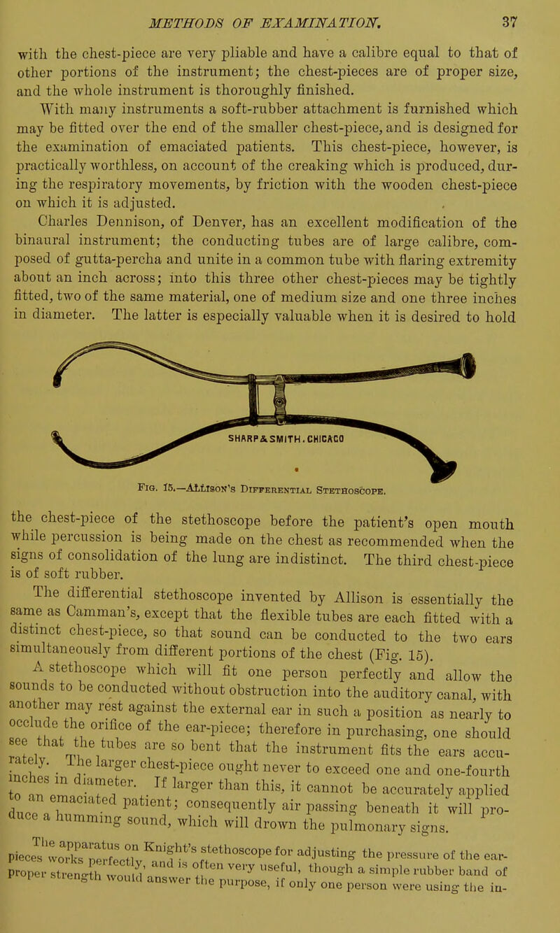 with the chest-piece are very pliable and have a calibre equal to that of other portions of the instrument; the chest-pieces are of proper size, and the whole instrument is thoroughly finished. With many instruments a soft-rubber attachment is furnished which, may be fitted over the end of the smaller chest-piece, and is designed for the examination of emaciated patients. This chest-piece, however, is practically worthless, on account of the creaking which is produced, dur- ing the respiratory movements, by friction with the wooden chest-piece ou which it is adjusted. Charles Deiinison, of Denver, has an excellent modification of the binaural instrument; the conducting tubes are of large calibre, com- posed of gutta-percha and unite in a common tube with flaring extremity about an inch across; Into this three other chest-pieces may be tightly fitted, two of the same material, one of medium size and one three inches in diameter. The latter is especially valuable when it is desired to hold SHARP&SMITH.CHICAGO Fia. 15.—Allison's Differential Stethoscope. the chest-piece of the stethoscope before the patient's open mouth while percussion is being made on the chest as recommended when the signs of consolidation of the lung are indistinct. The third chest-piece is of soft rubber. The difl:erential stethoscope invented by Allison is essentially the same as Camman's, except that the flexible tubes are each fitted with a distmct chest-piece, so that sound can be conducted to the two ears simultaneously from different portions of the chest (Fig. 15). A stethoscope which will fit one person perfectfy and allow the sounds to be conducted without obstruction into the auditory canal, with another may rest against the external ear in such a position as nearly to occlude the orifice of the ear-piece; therefore in purchasing, one should see that the tubes are so bent that the instrument fits the ears accu- rately, ihe larger chest-piece ought never to exceed one and one-fourth mches m diameter. If larger than this, it cannot be accurately applied dlp nT'' consequently air passing beneath it will pro- duce a humming sound, which will drown the pulmonary signs. piece?:oX'eXX^a'!l':^ for adjusting the pi-essuve of the ear- Prope. strenlfh wo„m\ 1 '''^ ^ ^^^P'^ ^'bber band of pel stien^th would answer the purpose, if only one person were using the iu-