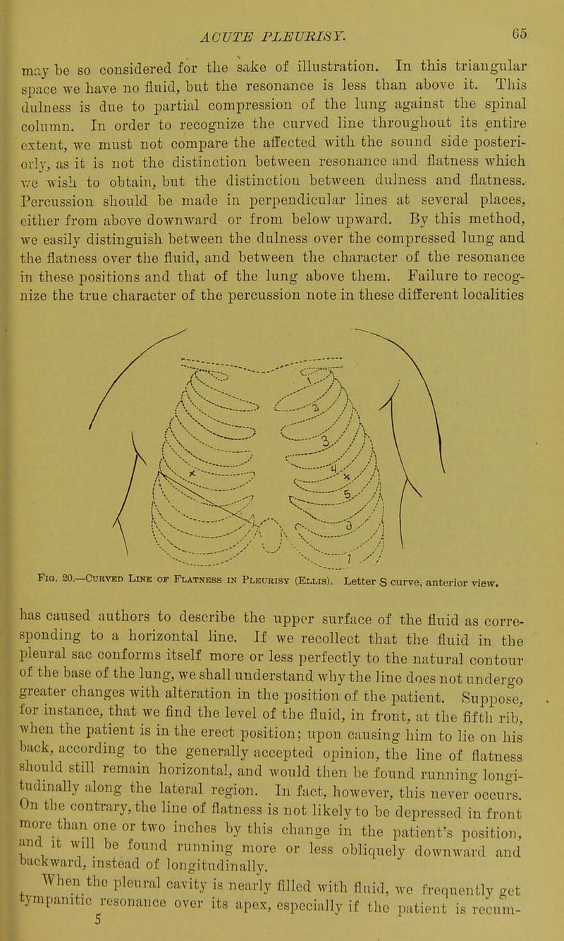 may be so considered for the sake of illustration. In this triangular space we have no fluid, but the resonance is less than above it. This dulness is due to partial compression of the lung against the spinal column. In order to recognize the curved line throughout its entire extent, we must not compare the affected with the sound side posteri- orly, as it is not the distinction between resonance and flatness which we wish to obtain, but the distinction between dulness and flatness. Percussion should be made in perpendicular lines at several places, either from above downward or from below upward. By this method, we easily distinguish between the dulness over the compressed lung and the flatness over the fluid, and between the character of the resonance in these positions and that of the lung above them. Failure to recog- nize the true character of the percussion note in these different localities has caused authors to describe the upper surface of the fluid as corre- sponding to a horizontal line. If we recollect that the fluid in the pleural sac conforms itself more or less perfectly to the natural contour of the base of the lung, we shall understand why the line does not undergo greater changes with alteration in the position of the patient. Suppose, for instance, that we find the level of the fluid, in front, at the fifth rib' when the patient is in the erect position; upon causing him to lie on his back, according to the generally accepted opinion, the line of flatness should still remain horizontal, and would then be found running longi- tudinally along the lateral region. In fact, however, this never^'occurs. On the contrary, the line of flatness is not likely to be depressed in front more than one or two inches by this change in the patient's position, anc It will be found running more or less obliquely downward and backward, instead of longitudinally. When tho pleural cavity is nearly filled with fluid, we frequently get tympanitic resonance over its apex, especially if the patient is recum- s