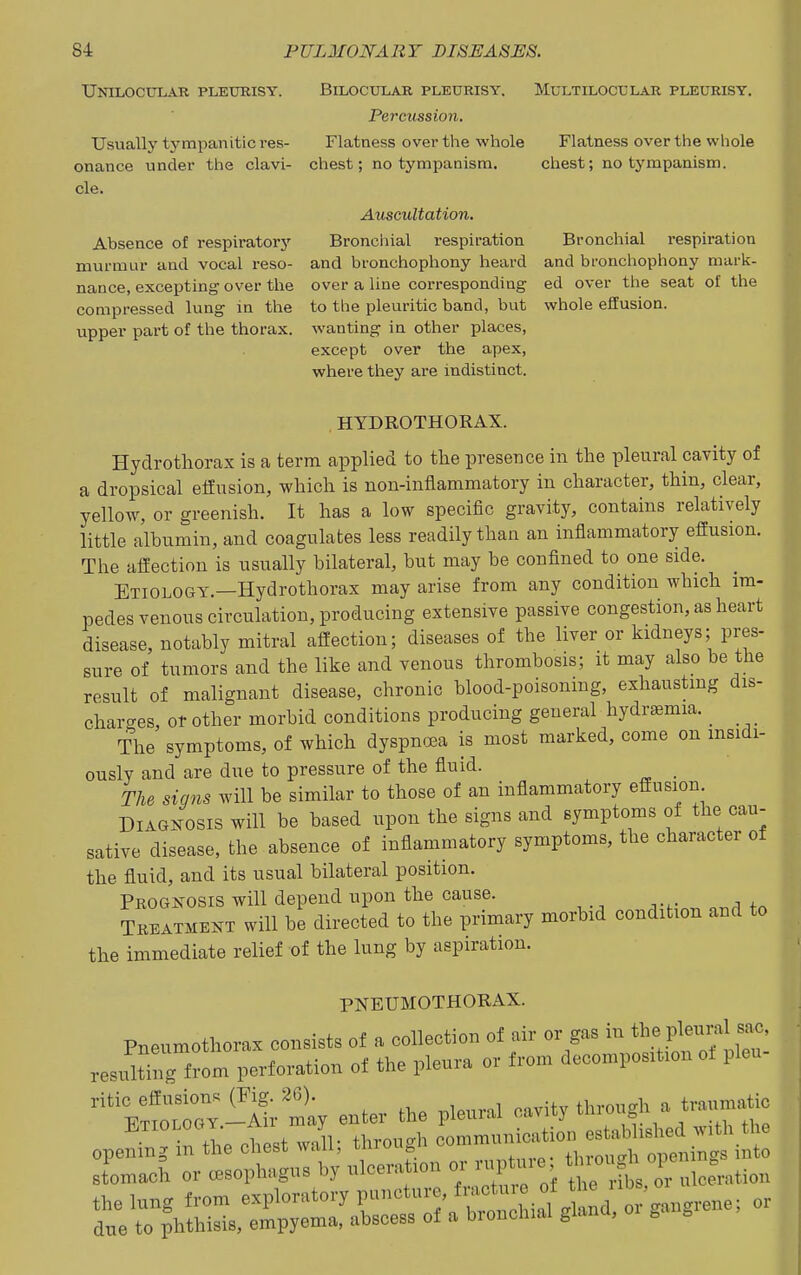 BiLOCULAR PLEURISY. MULTILOCU LAR PLEURISY. Percussion. Flatness over the whole Flatness over the whole chest; no tympanism. chest; no tympanism. Unilocular pleurisy. Usually tympanitic res- onance under the clavi- cle. Absence of respiratorj' murmur and vocal reso- nance, excepting over the compressed lung in the upper part of the thorax. Auscultation. Bronchial respiration and bronchophony heard over a line corresponding to the pleuritic band, but wanting in other places, except over the apex, where they are indistinct. Bronchial respiration and bronchophony mark- ed over the seat of the whole effusion. HYDROTHORAX. Hydrothorax is a term applied to the presence in the pleural cavity of a dropsical effusion, which is non-inflammatory in character, thin, clear, yellow, or greenish. It has a low specific gravity, contains relatively little albumin, and coagulates less readily than an inflammatory effusion. The affection is usually bilateral, but may be conflned to one side. Etiology.—Hydrothorax may arise from any condition which im- pedes venous circulation, producing extensive passive congestion, as heart disease, notably mitral affection; diseases of the liver or kidneys; pres- sure of tumors and the like and venous thrombosis; it may also be the result of malignant disease, chronic blood-poisoning, exhaustmg dis- charges, or other morbid conditions producing general hydrsemia. _ The symptoms, of which dyspn<:ea is most marked, come on insidi- ously and are due to pressure of the fluid. The signs will be similar to those of an inflammatory effusion Diagnosis will be based upon the signs and symptoms of the cau- sative disease, the absence of inflammatory symptoms, the character of the fluid, and its usual bilateral position. Prognosis will depend upon the cause. Tkeatmekt will be directed to the primary morbid condition and to the immediate relief of the lung by aspiration. PNEUMOTHORAX. Pneumothorax consists of a collection of air or gas in the Pleural sa^C residtiTfperforation of the pleura or from decomposition of pleu- ritic effusions (Fig. 26). through a traumatic EmLOO-r.-Aiv maoj enter h ^Hh the