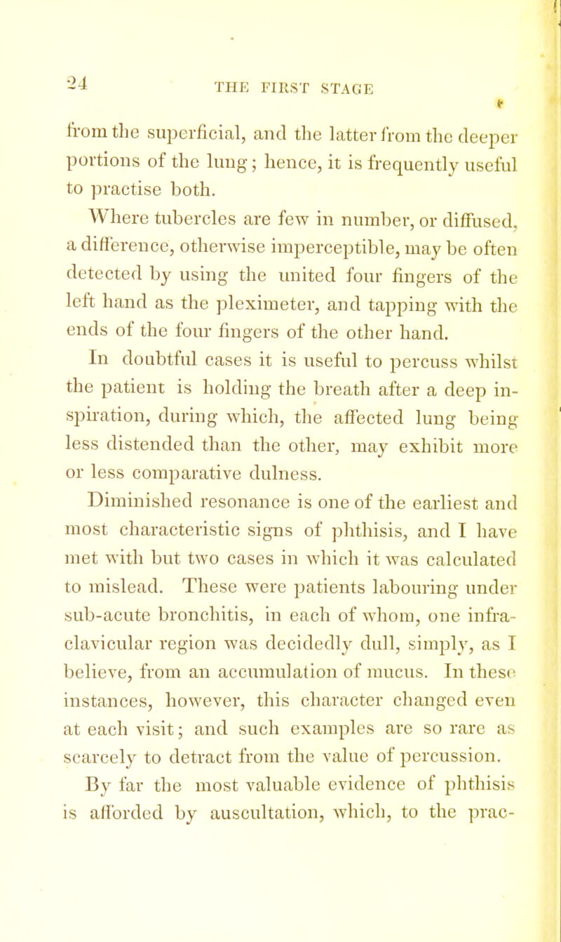 I from the superficial, and the latter from the deeper portions of the lung; hence, it is frequently useful to practise both. Where tubercles are few in number, or diffused, a difference, otherwise imperceptible, may be often detected by using the united four fingers of the left hand as the pleximeter, and tapping with the ends of the four fingers of the other hand. In doubtful cases it is useful to percuss whilst the patient is holding the breath after a deep in- spiration, during which, the affected lung being less distended than the other, may exhibit more or less comparative dulness. Diminished resonance is one of the earliest and most characteristic signs of phthisis, and I have met with but two cases in which it was calculated to mislead. These were patients labouring under sub-acute bronchitis, in each of whom, one infra- clavicular region was decidedly dull, simply, as I believe, from an accumulation of mucus. In these instances, however, this character changed even at each visit; and such examples are so rare as scarcely to detract from the value of percussion. By far the most valuable evidence of phthisis is afforded by auscultation, which, to the prac-