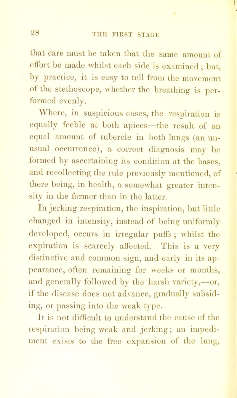 that care must be taken that the same amount of effort be made whilst each side is examined ; but, by practice, it is easy to tell from the movement of the stethoscope, whether the breathing is per- formed evenly. Where, in suspicious cases, the respiration is equally feeble at both apices—the result of an equal amount of tubercle in both lungs (an un- usual occurrence), a correct diagnosis may be formed by ascertaining its condition at the bases, and recollecting the rule previously mentioned, of there being, in health, a somewhat greater inten- sity in the former than in the latter. In jerking respiration, the inspiration, but little changed in intensity, instead of being uniformly developed, occurs in irregular puffs ; whilst the expiration is scarcely affected. This is a very distinctive and common sign, and early in its ap- pearance, often remaining for weeks or months, and generally followed by the harsh variety,—or, if the disease does not advance, gradually subsid- ing, or passing into the weak type. It is not difficult to understand the cause of the respiration being weak and jerking; an impedi- ment exists to the free expansion of the lung,