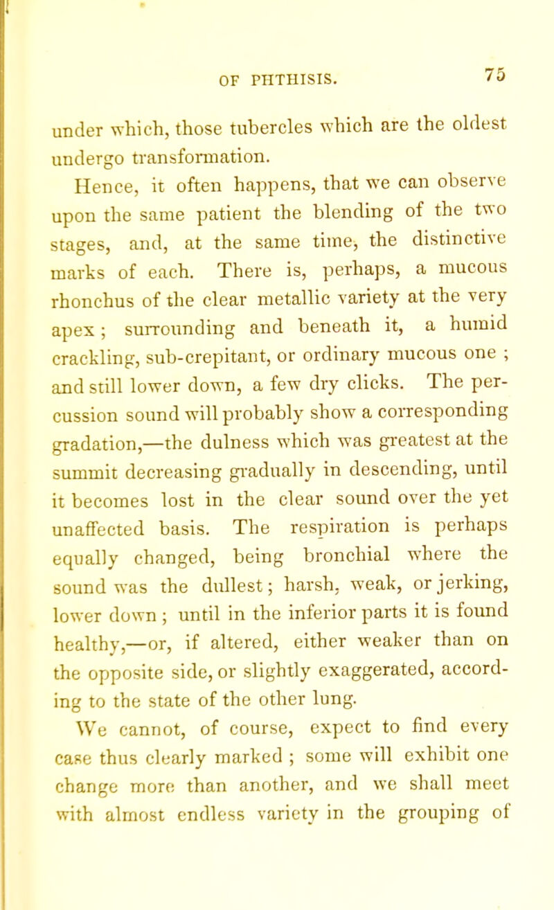 under which, those tubercles which are the oldest undergo transformation. Hence, it often happens, that we can observe upon the same patient the blending of the two stages, and, at the same time, the distinctive marks of each. There is, perhaps, a mucous rhonchus of the clear metallic variety at the very apex; surrounding and beneath it, a humid crackling, sub-crepitant, or ordinary mucous one ; and still lower down, a few dry clicks. The per- cussion sound will probably show a corresponding gradation,—the dulness which was greatest at the summit decreasing gradually in descending, until it becomes lost in the clear sound over the yet unaffected basis. The respiration is perhaps equally changed, being bronchial where the sound was the dullest; harsh, weak, or jerking, lower down ; until in the inferior parts it is found healthy,—or, if altered, either weaker than on the opposite side, or slightly exaggerated, accord- ing to the state of the other lung. We cannot, of course, expect to find every case thus clearly marked ; some will exhibit one change more than another, and we shall meet with almost endless variety in the grouping of