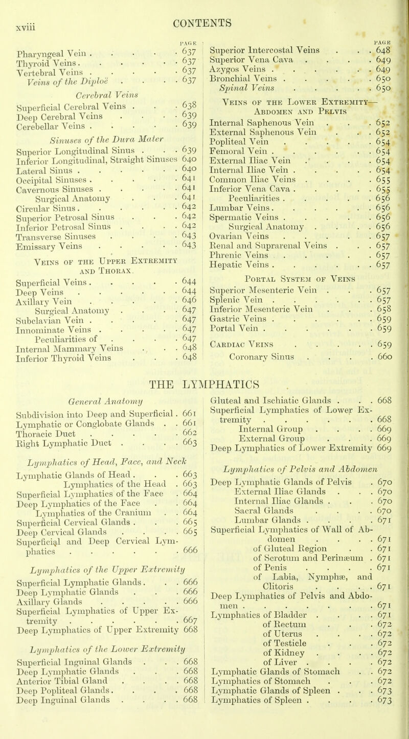Pharyngeal Vein 637 Thyroid Veins 637 Vertebral Veins o37 Veins of the Diploe . . - ■ 037 Cerebral Veins Superficial Cerebral Veins . . .638 Deep Cerebral Veins . • • • 639 Cerebellar Veins 639 Sinuses of the Dura Mater Superior Longitudinal Sinus . . • 639 Inferior Longitudinal, Straight Sinuses 640 Lateral Sinus 640 Occipital Sinuses . . • • •641 Cavernous Sinuses 641 Surgical Anatomy . • -641 Circular Sinus. . • • • • 642 Superior Petrosal Sinus . . .642 Inferior Petrosal Sinus . . . . 642 Transverse Sinuses .... 643 Emissary Veins 643 Veins of the Upper Extremity AND Thorax Superficial Veins 644 Deep Veins 644 Axillary Vein 646 Surgical Anatomy . . • • 647 Subclavian Vein 647 Innominate Veins 647 Peculiarities of ... • 647 Internal Mammary Veins ., . . 648 Inferior Thyroid Veins . . • 648 Superior Intercostal Veins . . , Superior Vena Cava . . . , Azygos Veins . . . . . , Bronchial Vems . . . . , Spinal Veins . . . . . Veins of the Lower Extremity- Abdomen AND Pelvis Internal Saphenous Vein External Saphenous Vein Popliteal Vein Femoral Vein . External Iliac Vein Internal Iliac Vein . Common Iliac Veins . Inferior Vena Cava . Peculiarities . Lumbar Veins. Spermatic Veins . Surgical x^natomy . Ovarian Veins Renal and Suprarenal Veins Phrenic Veins Hepatic Veins . 648 649 649 650 650 Portal System c Superior Mesenteric Vein Splenic Vein . Inferior Mesenteric Vein Gastric Veins . Portal Vein . Cardiac Veins Coronary Sinus Veins THE LYM General Anatomy Subdivision into Deep and Superficial. 661 | Lymphatic or Conglobate Glands . . 661 j Thoracic Duct 662 | Eight Lymphatic Duct . . . . 663 | Lymphatics of Head, Face, and Nech Lymphatic Glands of Head . . . 663 Lymphatics of the Head . 663 Superficial Lymphatics of the Face . 664 ' Deep Lymphatics of the Face . . 664 Lymphatics of the Cranium . . 664 Superficial Cervical Glands . . .665 Deep Cervical Glands . . . . 665 Superficig.1 and Deep Cervical Lym- phatics 666 Lymphatics of the Uj^per Extremity Superficial Lymphatic Glands . . . 666 Deep Lymphatic Glands . . . 666 Axillary Glands . . . . . 666 Superficial Lymphatics of Upper Ex- tremity 667 Deep Lymphatics of Upper Extremity 668 Lymphatics of the Loiver Extremity Superficial Inguinal Glands . . . 668 Deep Lymphatic Glands . . . 668 Anterior Tibial Gland . . . . 668 Deep Popliteal Glands.... 668 Deep Inguinal Glands . . . . 668 Gluteal and Ischiatic Glands . . . 668 Superficial Lymphatics of Lower Ex- tremity ...... 668 Internal Group . . . . 669 External Group . . . 669 Deep Lymphatics of Lower Extremity 669 Lymphatics of Pelvis and Abdomen Deep Lymphatic Glands of Pelvis . 670 External Iliac Glands . . . 670 Internal Iliac Glands . . . 670 Sacral Glands . . . . 670 Lumbar Glands . . . .671 Superficial Lymphatics of Wall of Ab- domen . . . . 671 of Gluteal Region . . 671 of Scrotum and Perinseum . 671 of Penis . . . . 671 of Labia, Nymphae, and Clitoris . . . . 671 Deep Lymphatics of Pelvis and Abdo- men . .671 Lymphatics of Bladder . . . . 671 of Rectum . . . 672 of Uterus . . . . 672 of Testicle . . .672 of Kidney . . . . 672 of Liver .... 672 Lymphatic Glands of Stomach . .672 Lymphatics of Stomach . . .672 Lymphatic Glands of Spleen . . . 673 Lymphatics of Spleen .... 673