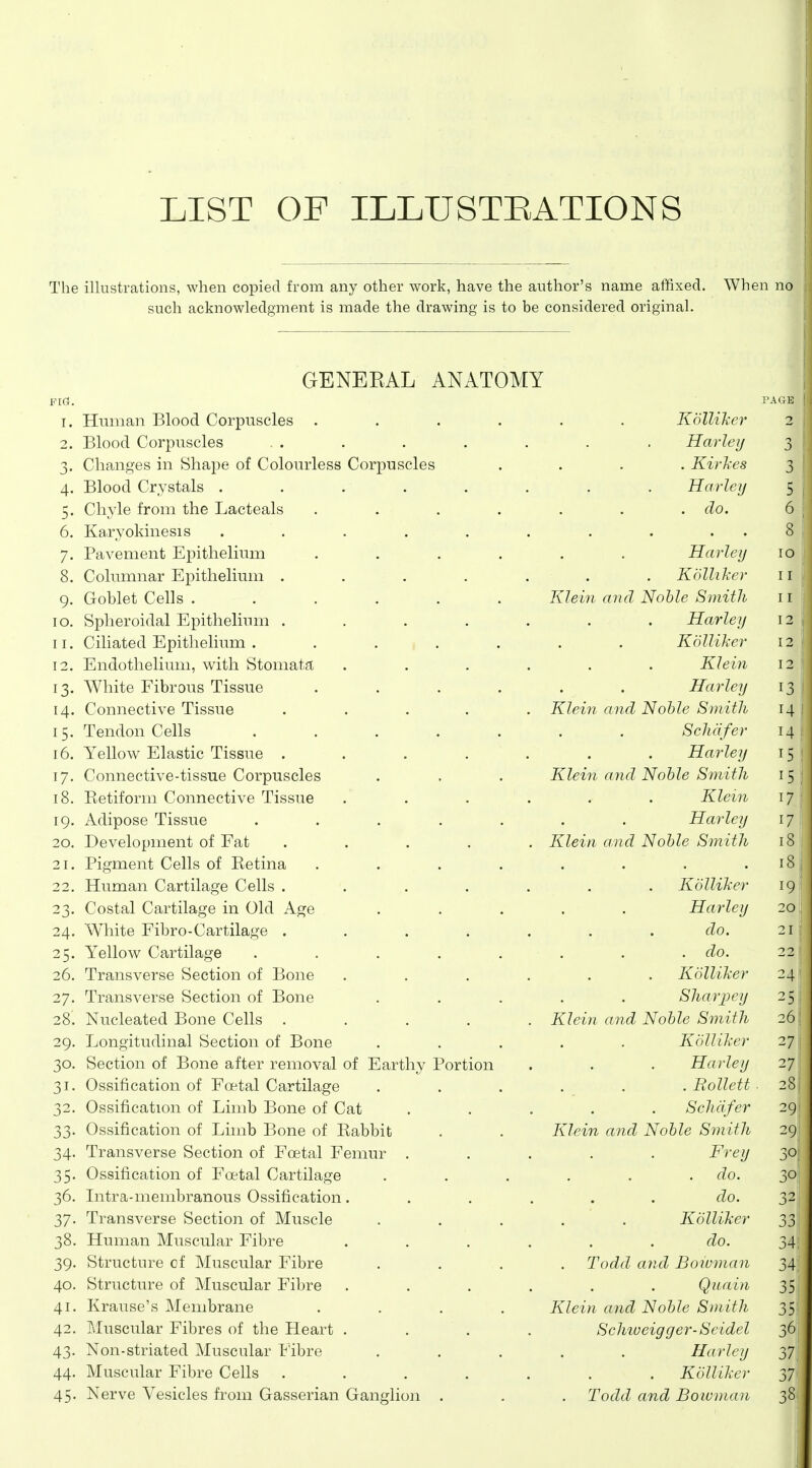 LIST OF ILLUSTEATIONS The illustrations, when copied from any other work, have the author's name affixed. When no such acknowledgment is made the drawing is to be considered original. GENERAL ANATOMY ma. PAGE I. Human Blood Corpuscles . KdlWker 2 2. Blood Corpuscles Harleij 3 3. Cliano-es in Shape of Colourless Corpuscles . Kirl-es 3 4. Blood Crystals ..... Harley 5 5. Clwle from the Lacteals .... . do. 6 6. Kaxyokinesis ..... 8 7. Pavement Epithelium .... Harley lO 8. Columnar Epithelium .... Kdlkkey 11 9. Goblet Cells ...... Klein and Noble Smith 11 10. Spheroidal Epithelium .... Harley 12 II. Ciliated Epithelium . . . , . KolliJier 12 12. Endothelium, with Stomata Klein 12 13. White Fibrous Tissue .... Harley 13 14. Connective Tissue .... . Klein and Noble Smith 14 15. Tendon Cells ..... S chafer M 16. Yellow Elastic Tissue .... Harley ^5 17. Connective-tissue Corpuscles Klein and Noble S7nith ^5 18. Ketiform Connective Tissue Klein 19. Adipose Tissue ..... Harley 17 20. Development of Fat .... . Klein and Noble Smith 18 21. Pigment Cells of Ketina .... i8 22. Human Cartilage Cells .... Kolliker 19 23. Costal Cartilage in Old Age Harley 20 24. White Fibro-Cartilage .... do. 21 25. Yellow Cartilage ..... . do. 22 26. Transverse Section of Bone KolUTier :^4 27. Transverse Section of Bone . Sharpey -5 2o. iNucieaieci jjoiie ^^eiis .... 7<r 7ii nan rl l\[n7i 7/? 1 fll J\l(>o/t CIIvUj lyUUlt' ^ ItVvi 10 26 29. Longitudinal Section of Bone Kdlliher 27 30. Section of Bone after removal of Earthy Portion Harley 27 31. Ossification of Foetal Cartilage . Rollett 28 32. Ossification of Limb Bone of Cat Schafer 29 33. Ossification of Limb Bone of Kabbit Klein and Noble Smith 29 34. Transverse Section of Foetal Femur . Frey 30, 35. Ossification of Foetal Cartilage . do. 30 36. Intra-membranous Ossification. do. 32 37. Transverse Section of Muscle KolUTier 33 38. Human Muscular Fibre do. 34; 39. Structure of Muscular Fibre Todd and Boivman 34. 40. Structure of Muscular Fibre Qnain 35.' 41. Krause's Membrane .... Klein and Noble Smith 35 42. Muscular Fibres of the Heart . Schweigger-Seidel 36 43. Non-striated. Muscular Fibre Harley 37, 44. Muscular Fibre Cells .... . Kdlliher 37 45. Nerve Vesicles from Gasserian Ganglion . Todd and Bowman 38