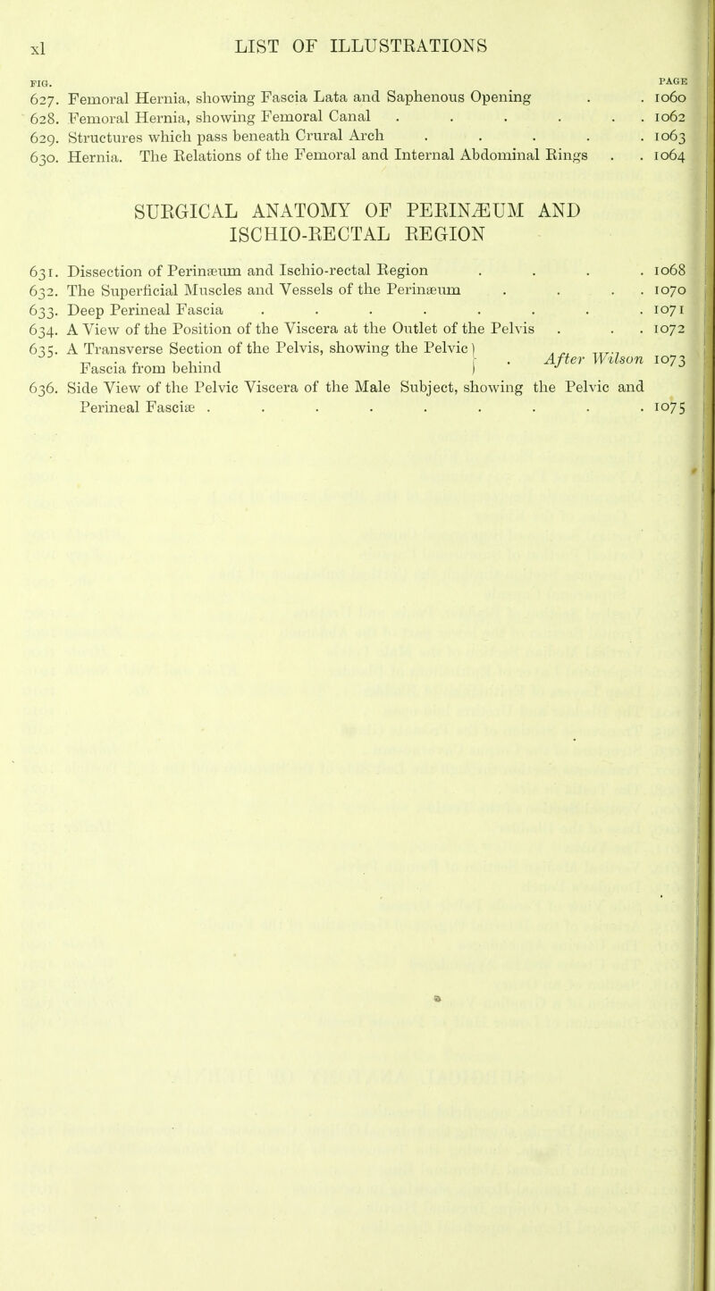 FIG. PAGE 627. Femoral Hernia, showing Fascia Lata and Saphenous Opening . . 1060 628. Femoral Hernia, showing Femoral Canal . . . . . . 1062 629. Structures which pass beneath Crural Arch ..... 1063 630. Hernia. The Eelations of the Femoral and Internal Abdominal Kings . . 1064 SUEGICAL ANATOMY OF PEEIN^UM AND ISCHIO-RECTAL REGION 631. Dissection of Perinseum and Ischio-rectal Region .... 1068 632. The Superficial Muscles and Vessels of the Perinaeum . .... 1070 633. Deep Perineal Fascia . . . . . . . . 1071 634. A View of the Position of the Viscera at the Outlet of the Pelvis . . . 1072 635. A Transverse Section of the Pelvis, showing the Pelvic] , ■ n T T • ^ r • Afte?^ Wilson 1073 Fascia from behmd ) ' ^ 636. Side View of the Pelvic Viscera of the Male Subject, showing the Pelvic and Perineal Fasciae . . . . . . . . -1075