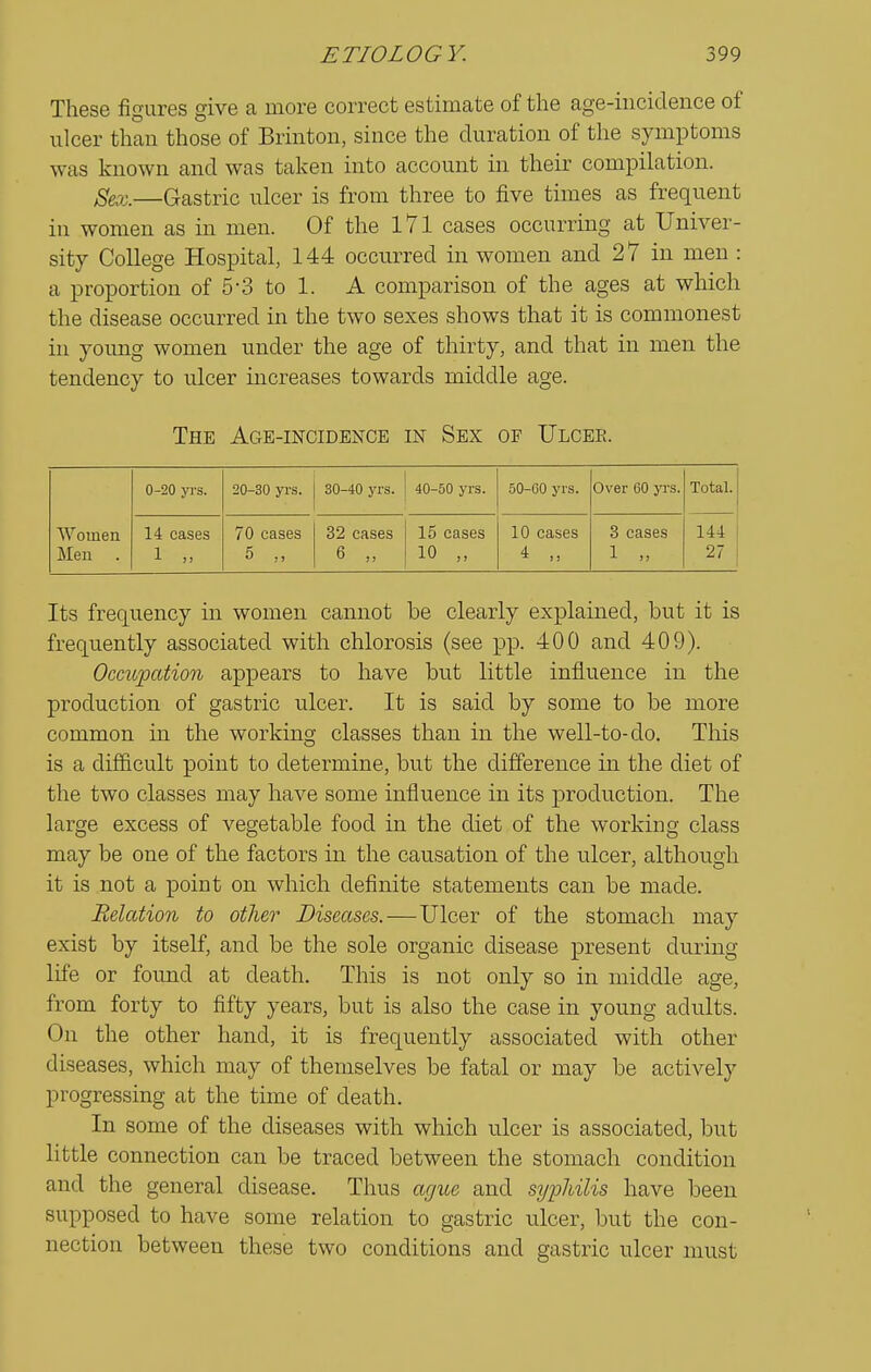 These figures give a more correct estimate of the age-incidence of ulcer than those of Brinton, since the duration of the symptoms was known and was taken into account in their compilation. g^x.—Gastric ulcer is from three to five times as frequent in women as in men. Of the 171 cases occurring at Univer- sity College Hospital, 144 occurred in women and 27 in men : a proportion of 5-3 to 1. A comparison of the ages at which the disease occurred in the two sexes shows that it is commonest in young women under the age of thirty, and that in men the tendency to nicer increases towards middle age. The Age-incidence in Sex of Ulcer. Women Men . 0-20 yrs. 20-30 yrs. 30-40 yrs. 40-50 yrs. 50-60 yrs. Over 60 yi'S. Total. 14 cases 1 „ 70 cases 5 32 cases 6 „ 15 cases 10 „ 10 cases 4 „ 3 cases 1 „ 144 27 Its frequency in women cannot be clearly explained, but it is frequently associated with chlorosis (see pp. 400 and 409). Occupation appears to have but little influence in the production of gastric nicer. It is said by some to be more common in the working classes than in the well-to-do. This is a difficult point to determine, but the difference in the diet of the two classes may have some influence in its production. The large excess of vegetable food in the diet of the working class may be one of the factors in the causation of the ulcer, although it is not a point on which definite statements can be made. Belation to other Diseases.—Ulcer of the stomach may exist by itself, and be the sole organic disease present during life or found at death. This is not only so in middle age, from forty to fifty years, but is also the case in young adults. On the other hand, it is frequently associated with other diseases, which may of themselves be fatal or may be actively progressing at the time of death. In some of the diseases with which ulcer is associated, but little connection can be traced between the stomach condition and the general disease. Thus ague and syphilis have been supposed to have some relation to gastric ulcer, but the con- nection between these two conditions and gastric ulcer must