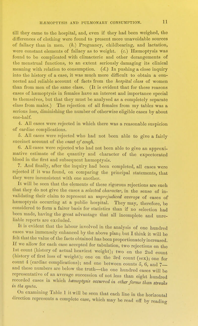 till they came to the hospital, and, even if they had been weighed, the differences of clothing were found to present more unavoidable sources of fallacy than in men. (b.) Pregnancy, childbearing, and lactation, were constant elements of fallacy as to weight, (c.) Haemoptysis was found to be complicated with climacteric and other derangements of the menstrual functions, to an extent seriously damaging its clinical meaning with relation to consumption, (d.) In pushing a close inquiry into the history of a case, it was much more difficult to obtain a con- nected and reliable account of facts from the hospital class of women than from men of the same class. (It is evident that for these reasons cases of haemoptysis in females have an interest and importance special to themselves, but that they must be analysed as a completely separate class from males.) The rejection of all females from my tables was a serious loss, diminishing the number of otherwise eligible cases by about one-half. 4. All cases were rejected in which there was a reasonable suspicion of cardiac complications. 5. All cases were rejected who had not been able to give a fairly succinct account of the onset of cough. 6. All cases were rejected who had not been able to give an approxi- mative estimate of the quantity and character of the expectorated blood in the first and subsequent haemoptysis. 7. And finally, after the inquiry had been completed, all cases were rejected if it was found, on comparing the principal statements, that they were inconsistent with one another. It will be seen that the elements of these rigorous rejections are such that they do not give the cases a selected character, in the sense of in- validating their claim to represent an unprejudiced average of cases of haemoptysis occurring at a public hospital. They may, therefore, be considered to form a fairer basis for statistics than if no selection had been made, having the great advantage that all incomplete and unre- liable reports are excluded. It is evident that the labour involved in the analysis of one hundred cases was immensely enhanced by the above plan; but I think it will be felt that the value of the facts obtained has been proportionately increased. If we allow for each case accepted for tabulation, two rejections on the 1st count (history of actual heaviest weight); two on the 2nd count (history of first loss of weight); one on the 3rd count (sex); one for count 4 (cardiac complications); and one between counts 5, 6, and 7— and these numbers are below the truth—the one hundred cases will be representative of an average succession of not less than eight hundred recorded cases in which hemoptysis occurred in, other forms than streaks in the sputa. On examining Table 1 it will be seen that each line in the horizontal direction represents a complete case, which may be read off by reading