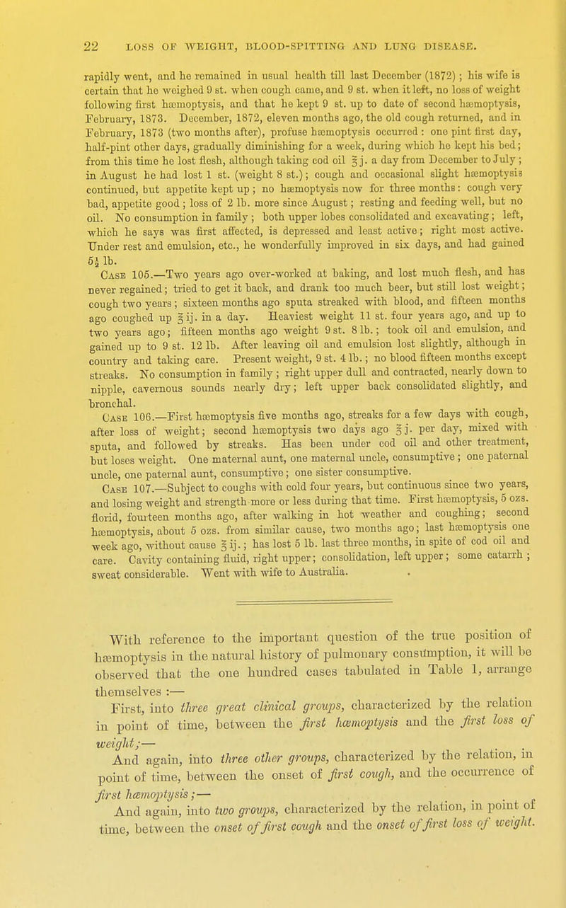 rapidly went, and lie remained in usual health till last December (1872); his wife is certain that he weighed 9 st. when cough came, and 9 st. when it left, no loss of weight following first haemoptysis, and that he kept 9 st. up to date of second haemoptysis, February, 1873. December, 1872, eleven months ago, the old cough returned, and in February, 1873 (two months after), profuse haemoptysis occurred : one pint first day, half-pint other days, gradually diminishing for a week, during which he kept his bed; from this time he lost flesh, although taking cod oil §j. a day from December to July ; in August he had lost 1 st. (weight 8 st.); cough and occasional slight ho3moptysi3 continued, but appetite kept up ; no haemoptysis now for three months: cough very bad, appetite good ; loss of 2 lb. more since August; resting and feeding well, but no oil. No consumption in family ; both upper lobes consolidated and excavating; left, which he says was first affected, is depressed and least active; right most active. Under rest and emulsion, etc., he wonderfully improved in six days, and had gained 5J lb. Case 105.—Two years ago over-worked at baking, and lost much flesh, and has never regained; tried to get it back, and drank too much beer, but still lost weight; cough two years; sixteen months ago sputa streaked with blood, and fifteen months ago coughed up §ij. in a day. Heaviest weight 11 st. four years ago, and up to two years ago; fifteen months ago weight 9 st. 8 lb.; took oil and emulsion, and gained up to 9 st. 12 lb. After leaving oil and emulsion lost slightly, although in country and taking care. Present weight, 9 st. 4 lb.; no blood fifteen months except streaks. No consumption in family ; right upper dull and contracted, nearly down to nipple, cavernous sounds nearly dry; left upper back consolidated slightly, and bronchal. Case 106.—First hcemoptysis five months ago, streaks for a few days with cough, after loss of weight; second haemoptysis two days ago §]. per day, mixed with sputa, and followed by streaks. Has been under cod oil and other treatment, but loses weight. One maternal aunt, one maternal uncle, consumptive ; one paternal uncle, one paternal aunt, consumptive; one sister consumptive. Case 107.—Subject to coughs with cold four years, hut continuous since two years, and losing weight and strength more or less during that time. First hcemoptysis, 5 ozs. florid, fourteen months ago, after walking in hot weather and coughing; second hcemoptysis, about 5 ozs. from similar cause, two months ago; last haemoptysis one week ago, without cause 5 ij.; has lost 5 lb. last three months, in spite of cod oil and care. Cavity containing fluid, right upper; consolidation, left upper; some catarrh ; sweat considerable. Went with wife to Australia. With reference to the important question of the true position of hemoptysis in the natural history of pulmouary consumption, it will he observed that the one hundred cases tabulated in Table 1, arrange themselves :— First, into three great clinical groups, characterized by the relation in point of time, between the first hcemoptysis and the first loss of weight;— And again, into three other groups, characterized by the relation, in point of time, between the onset of first cough, and the occurrence of first hcemoptysis;— And again, into two groups, characterized by the relation, in point of time, between the onset of first cough and the onset of first loss of weight.