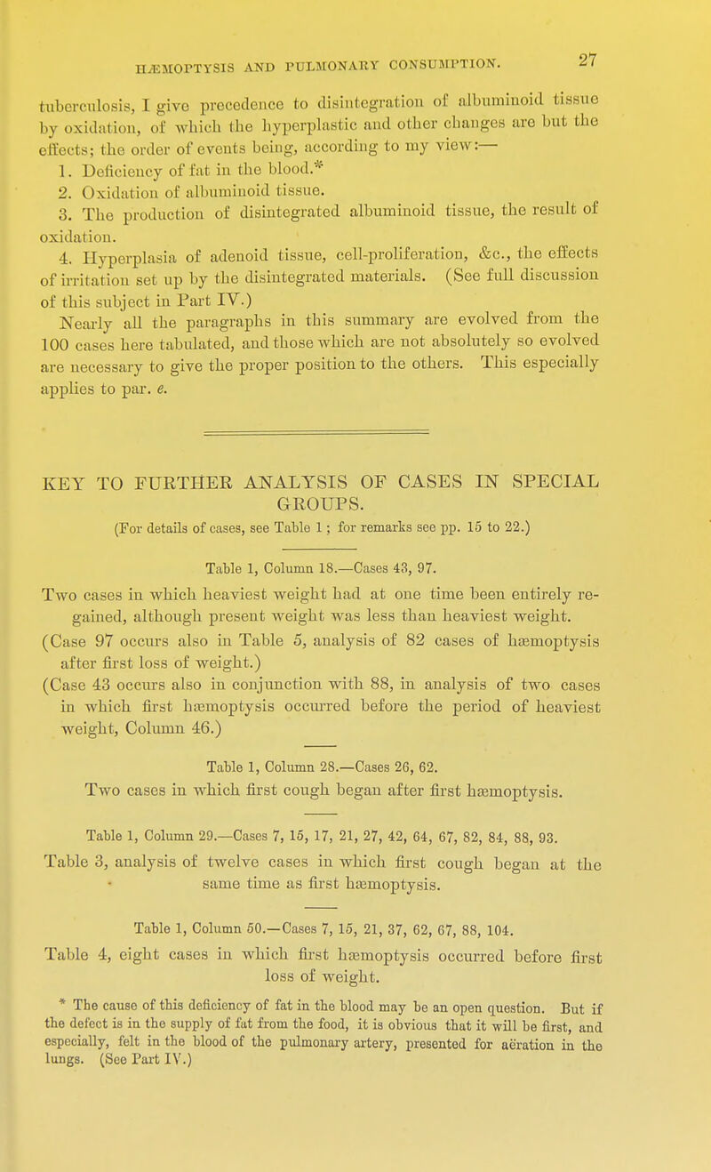 tuberculosis, I give precedence to disintegration of albuminoid tissue by oxidation, of which the hyperplastic and other changes are but the effects; the order of events being, according to my view:— 1. Deficiency of fat in the blood.* 2. Oxidation of albuminoid tissue. 3. The production of disintegrated albuminoid tissue, the result of oxidation. 4. Hyperplasia of adenoid tissue, cell-proliferation, &c., the effects of irritation set up by the disintegrated materials. (See full discussion of this subject in Part IV.) Nearly all the paragraphs in this summary are evolved from the 100 cases here tabulated, and those which are uot absolutely so evolved are necessary to give the proper position to the others. This especially applies to par. e. KEY TO FURTHER ANALYSIS OF CASES IN SPECIAL GROUPS. (For details of cases, see Table 1; for remarks see pp. 15 to 22.) Table 1, Column 18.—Cases 43, 97. Two cases in which heaviest weight had at one time been entirely re- gained, although present weight was less than heaviest weight. (Case 97 occurs also in Table 5, analysis of 82 cases of haemoptysis after first loss of weight.) (Case 43 occurs also in conjunction with 88, in analysis of two cases in which first haemoptysis occurred before the period of heaviest weight, Column 46.) Table 1, Column 28.—Cases 26, 62. Two cases in which first cough began after first haemoptysis. Table 1, Column 29.—Cases 7, 15, 17, 21, 27, 42, 64, 67, 82, 84, 88, 93. Table 3, analysis of twelve cases in which first cough began at the same time as first haemoptysis. Table 1, Column 50.—Cases 7, 15, 21, 37, 62, 67, 88, 104. Table 4, eight cases in which first haemoptysis occurred before first loss of weight. * The cause of tbis deficiency of fat in tbe blood may be an open question. But if the defect is in the supply of fat from the food, it is obvious that it will be first, and especially, felt in the blood of tbe pulmonary artery, presented for aeration in the lungs. (See Part IV.)