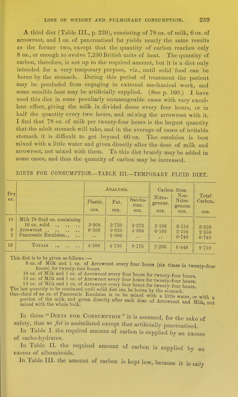 A third diet (Tablo HE., p. 239), consisting of 78 oz. of milk, 6 oz. of arrowroot, and 1 oz. of pancreatised fat yields nearly the same results as the former two, except that the quantity of carbon reaches only 8 oz., or enough to evolve 7,250 British units of heat. The quantity of carbon, therefore, is not up to the required amount, but it is a diet only intended for a very temporary purpose, viz., until solid food can be borne by the stomach. During this period of treatment the patient may be precluded from engaging in external mechanical work, and some sensible heat may be artificially supplied. (See p. 160.) I have used this diet in some peculiarly unmanageable cases with very excel- lent effect, giving the milk in divided doses every four hours, or in half the quantity every two hours, and mixing the arrowroot with it. I find that 78 oz. of milk per twenty-four hours is the largest quantity that the adult stomach will take, and in the average of cases of irritable stomach it is difficult to get beyond 60 oz. The enmlsion is best mixed with a little water and given directly after the dose of milk and arrowroot, not mixed with them. To this diet brandy may be added in some cases, and thus the quantity of carbon may be increased. DIETS FOR CONSUMPTION.—TABLE III.—TEMPORARY FLUID DIET. Dry oz 10 6 2 18 Milk 78 fluid oz. containing 10 oz. solid Arrowroot Pancreatic Emulsion.. Totals Analysis. Plastic, ozs. 3-900 0-300 Fat. ozs. Saccha- rine, ozs. 3-730 0- 020 1- 000 4-200 4-750 3- 276 4- 900 8-176 Carbon from Non- Nitro- Nitro- genous ozs. 2-106 0-160 2-266 genous. ozs. 3-510 2-190 0-740 6-440 Total Carbon. ozs. 5-620 2-350 0-740 8-710 This diet is to be given as follows : — 8 oz of Milk and 1 oz. of Arrowroot every four hours (six times in twenty-four hours) for twenty-four hours. J 10 oz. of Milk and 1 oz. of Arrowroot every four hours for twenty-four hours 12 oz. of Milk and 1 oz. of Arrowroot every four hours for twenty-four hours' 13 oz. of Milk and 1 oz. of Arrowroot every four hours for twenty-four hours' The last quantity to be continued until solid diet can be borne by the stomach One-third of an oz. of Pancreatic Emulsion is to be mixed with a little water or with a ^AtovLtug™ *>»> of Arrowroot and Milk.no? In these Diets for Consumption it is assumed, for the sake of safety, that no fat is assimilated except that artificially pancreatised. In Table I. the required amount of carbon is supplied by an excess of carbo-hydrates. In Table II. the required amount of carbon is supplied by an excess of albuminoids. In Table III. the amount of carbon is kept low, because it is only