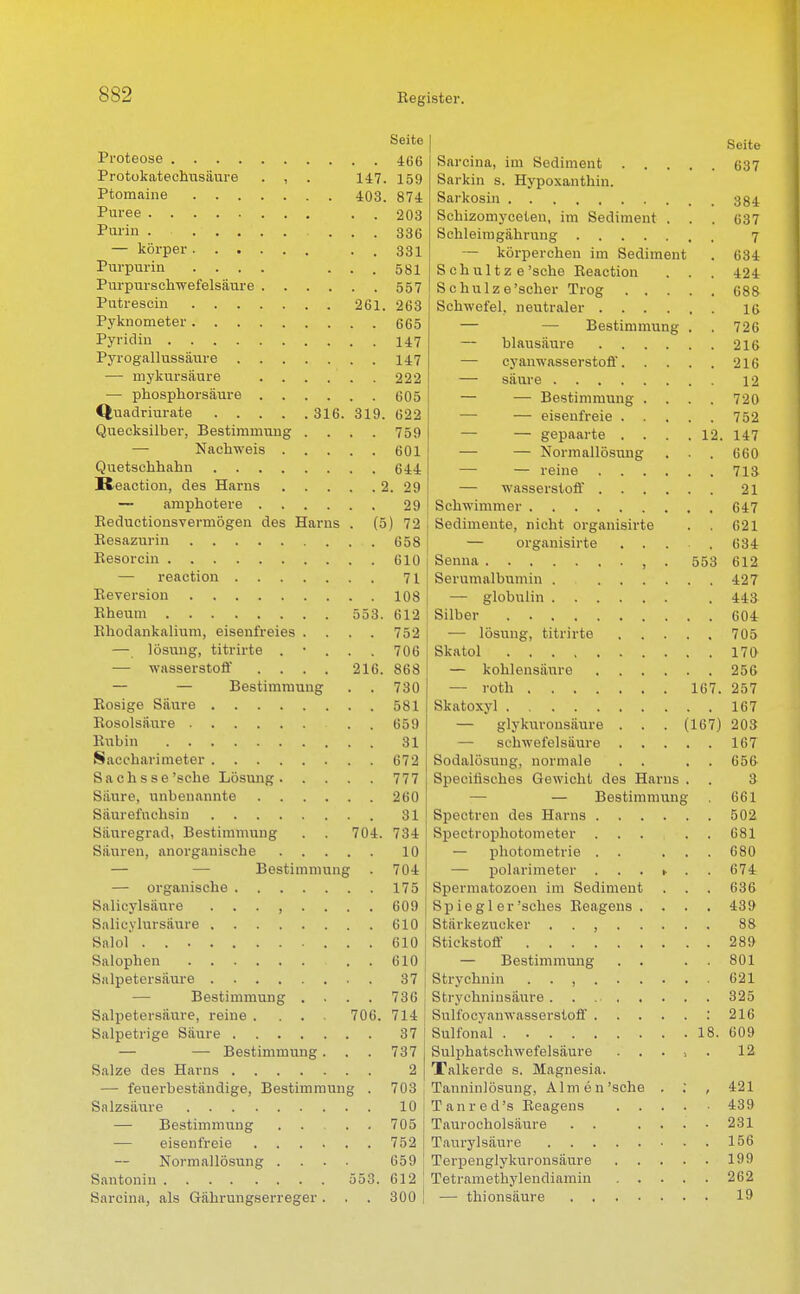 Seite Seite Sarcina, im Sediment fi*}7 Protokatechusäure . , 147. 159 Sarkin s Hvnoxn.ntViin 403. 874 Schizomyceten, im Sediment . * IJO / Purin ......... . . 336 Schleim gahrung 7 — körper . . 331 — körperchen im Sediment Purpurin .... . . 581 Schultz e'sehe Reaction Schulze 'scher Trog fiöß 261. 263 Schwefel, neutraler .... 16 — — üpst.i mmn n er 1 ' * L ixl 11 ] L l J 1 fc; 79fi — blausäure 91 fi — Cyanwasserstoff 216 — säure . 12 — — Bestimmung . . 720 Quadriurate 316. 319. 622 — — eisenfreie . 752 Quecksilber, Bestimmung . . . . 759 — — gepaarte . 12. 147 — — Normallösung , 660 — — reine .... 713 Reaction, des Harns — Wasserstoff . 21 Schwimmer 647 Reductionsvermögen des Harns . (5) 72 Sedimente, nicht organisirte . 621 — organisirte . 634 553 612 Serumalbumin . .... 427 . 443 553. 612 Rhodankalium, eisenfreies . . . 752 — lösung, titrirte . . . 706 — Wasserstoff .... 216. 868 , 256 — — Bestimmung . . 730 167. 257 Bosolsäure . . 659 — glykuronsäure . . . (167) 203 . 167 . . 672 Sodalösung, normale . . . 656 Specifisches Gewicht des Harns . 3 — Bestimmung . 661 502 Sänregrad, Bestimmung . . 704. 734 Speetrophotometer ... . 681 — Photometrie . . . . . 680 — — Bestimmung . 704 — Polarimeter . 674 Spermatozoen im Sediment . . . 636 Salicylsäure . . 609 8 p i e g 1 e r 'sches Reagens . . . . 439 Stärkezucker ....... 8» Stickstoff 289 Salophen . . 610 — Bestimmung . . . 801 Strychnin . . , . 621 — Bestimmung . . . . 736 Strychninsäure . . , . . . . 325 Salpetersäure, reine .... 706. 714 • 216 37 1 — — Bestimmung . . 737 Sulphatschwefelsäure . , 12 Talkerde s. Magnesia. — feuerbeständige, Bestimmun g • 703 Tanninlösung, Almen'sehe . .' , 421 — Bestimmung . 705 Taurocholsäure . . . . . . 231 156 Normallösung . 659 Terpenglykuronsäure . . 199 553. 612 262 Sarcina, als Gährungserreger . . 300 i 19