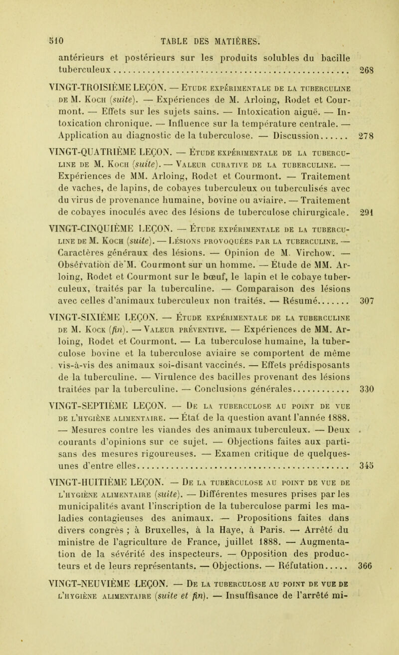 antérieurs et postérieurs sur les produits solubles du bacille tuberculeux VINGT-TROISIÈME LEÇON. — Etude expérimentale de la. tubercullme DE M. KocH {suite). — Expériences de M. Arloing, Rodet et Cour- mont. — Effets sur les sujets sains. — Intoxication aiguë. — In- toxication chronique. — Influence sur la température centrale. — Application au diagnostic de la tuberculose. — Discussion VINGT-QUATRIÈME LEÇON. — Étude expérimentale de la tubercu- LiNE DE M. KocH [suite).—'Valeur curative de la tuberculine. — Expériences de MM. Arloing, Rodet et Courmont. — Traitement de vaches, de lapins, de cobayes tuberculeux ou tuberculisés avec du virus de provenance humaine, bovine ou aviaire. — Traitement de cobayes inoculés avec des lésions de tuberculose chirurgicale. VINGT-CINQUIÈME LEÇON. — Étude expérimentale de la tubercu- line de M. KocH {suite). — Lésions provoquées par la tuberculine. — Caractères généraux des lésions. — Opinion de M. Virchow. — Obsérvation de'M. Courmont sur un homme. — Étude de MM. Ar- loing, Rodet et Courmont sur le bœuf, le lapin et le cobaye tuber- culeux, traités par la tuberculine. — Comparaison des lésions avec celles d'animaux tuberculeux non traités. — Résumé VINGT-SIXIÈME LEÇON. — Étude expérimentale de la tuberculine DE M. KocK {fin). —Valeur préventive. — Expériences de MM. Ar- loing, Rodet et Courmont. — La tuberculose humaine, la tuber- culose bovine et la tuberculose aviaire se comportent de même vis-à-vis des animaux soi-disant vaccinés. — Effets prédisposants de la tuberculine. — Virulence des bacilles provenant des lésions traitées par la tuberculine. — Conclusions générales VINGT-SEPTIÈME LEÇON. — De la tuberculose au point de vue DE l'hygiène alimentaire. —État de la question avant l'année 1888. — Mesures contre les viandes des animaux tuberculeux. — Deux courants d'opinions sur ce sujet. — Objections faites aux parti- sans des mesures rigoureuses. — Examen critique de quelques- unes d'entre elles VINGT-HUITIÈME LEÇON. — De la tuberculose au point de vue de l'hygiène alimentaire {suite). — Différentes mesures prises parles municipalités avant l'inscription de la tuberculose parmi les ma- ladies contagieuses des animaux. — Propositions faites dans divers congrès ; à Bruxelles, à la Haye, à Paris. —• Arrêté du ministre de l'agriculture de France, juillet 1888. — Augmenta- tion de la sévérité des inspecteurs. — Opposition des produc- teurs et de leurs représentants. — Objections. — Réfutation VINGT-NEUVIÈME LEÇON. — De la tuberculose au point de vue de l'hygiène alimentaire {suite et fin). — Insuffisance de l'arrêté mi-