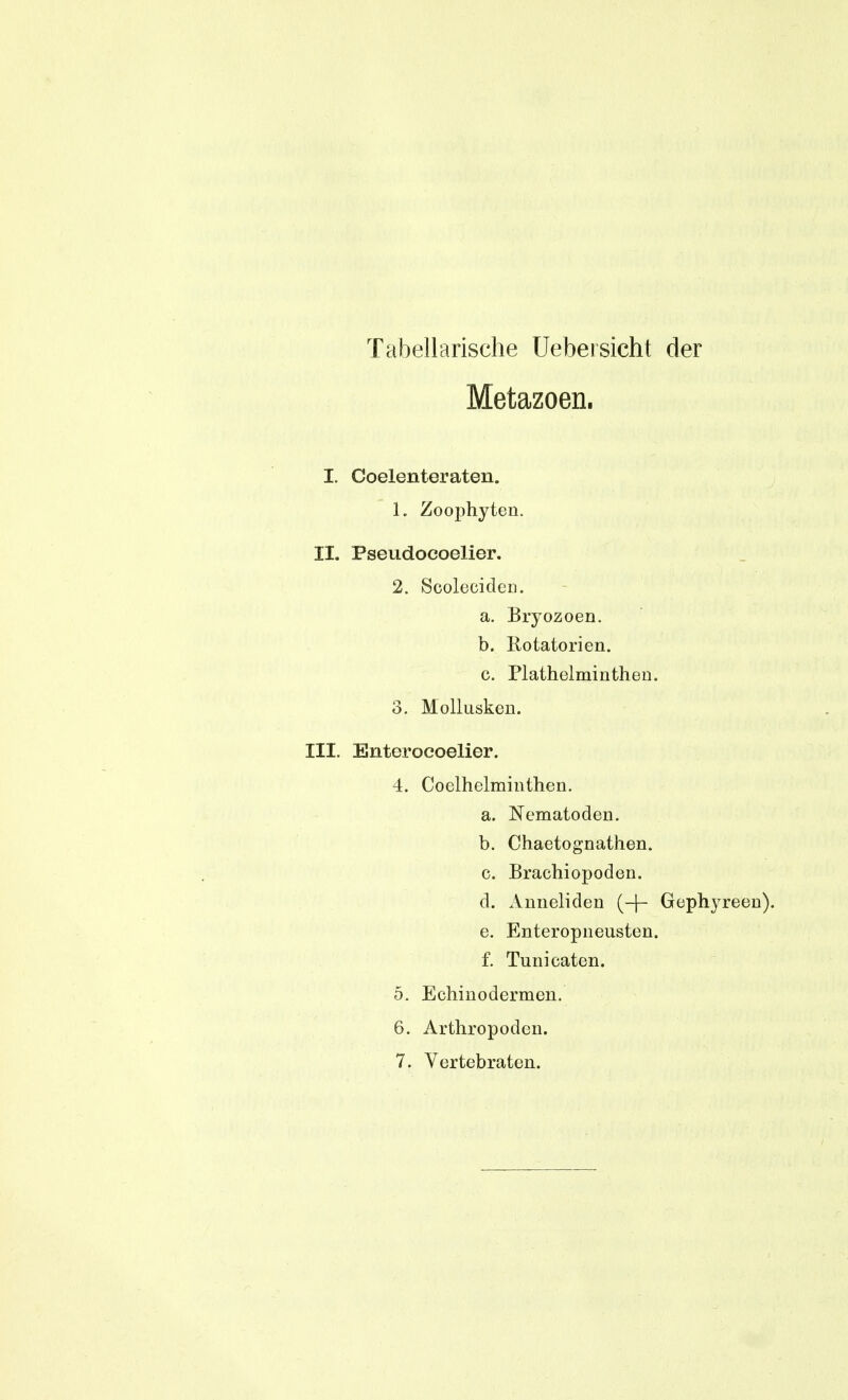 Tabellarische Uebersicht der Metazoen. I. Coelenteraten. 1. Zoophyten. II. Pseiidoeoelier. 2. Scoleciclen. a. Bryozoen. b. Rotatorien. c. Plathelminthen. 3. Mollusken. III. Enteroeoelier. 4. Coelhelmiiithen. a. Nematoden. b. Chaetognathen. c. Brachiopoden. d. Anneliden (-|- Gephyreen). e. Enteropneusten. f. Tunicaten. 5. Echinodermen. 6. Arthropoden. 7. Vertebraten.