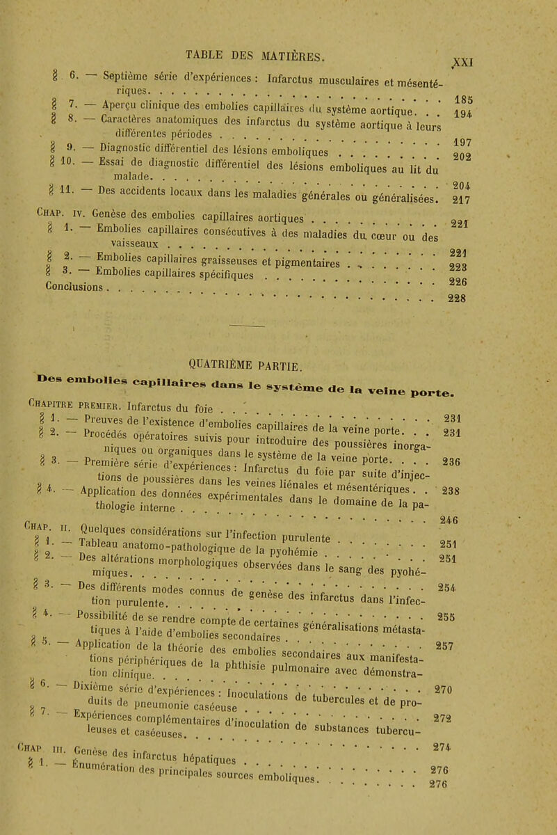 § 6. - Septième série d'expériences : Infarctus musculaires et mésenté- riques § 7. - Aperçu clinique des embolies capillaires du système aorliqùe* '  îof g 8. - Caractères anatomiques des infarctus du système aortique à leurs dilférentes périodes _§ 9. — Diagnostic différentiel des lésions emboliques o!! g 10. - Essai de diagnostic différentiel des lésions emboliques'aû lit du' malade 11. - Des accidents locaux dans les maladies générales'ou généralisées! 204. 217 Chap. IV. Genèse des embolies capillaires aortiques . . i 1. - Embolies capillaires consécutives à des maladies da cœur où des vaisseaux _ _ I 0 ■ ~ f'''l'es capillaires graisseuses et pigmentaires .*.'■'■  !!! g i. ~ Embolies capillaires spécifiques ' ' ' 2Sfi Conclusions.... ■ 228 QUATRIÈME PARTIE Oe. e^boue. eapiUaire. Cn. ,e sy.té^e de ,a ve.ne porte. Chapitre premier. Infarctus du foie I 1. - Preuves de l'existence d'embolies 'capiliai'res de ia Wine porle'  ' i 2. - Procèdes opératoires suivis pour introduire des pou sières fnorW niques ou organiques dans le système de la veine pbrte 9.« ~ '7'^-/-- d'expériences: Infarctus du foie par su te d'ini'ec' P 246 ; I. - Tableau .nalomo-palhol«~i,„e de la p.ohémie ' 'XT- ie « - Application de la théorie des embolies sP.nnH,' P«H;^H,„es de ,a pM.s/r:Zr,-e'^eTZelr ■ î»:r;\:rr''.™