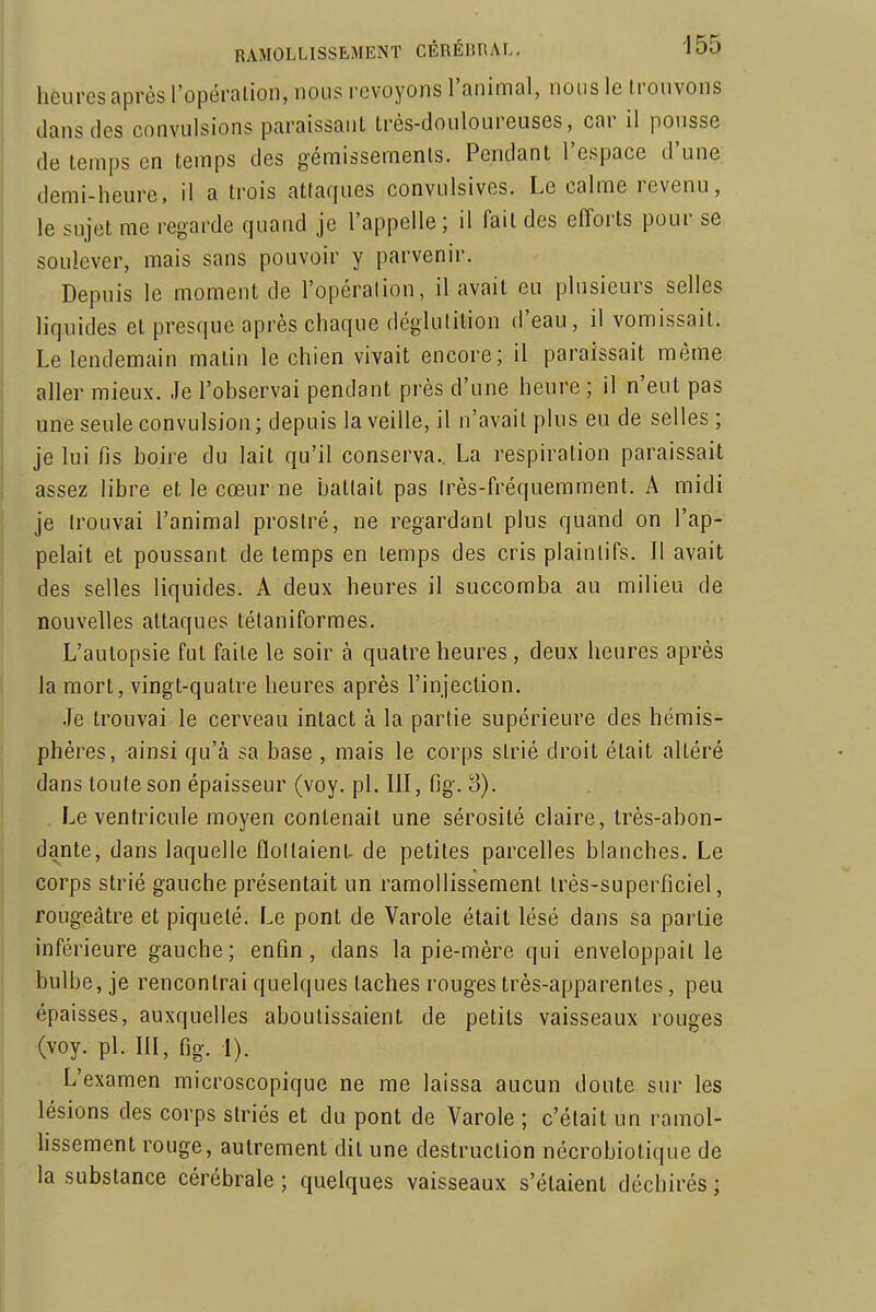 heures après l'opéralion, nous l'evoyons l'animal, nous le trouvons dans des convulsions paraissant très-douloureuses, car il pousse de temps en temps des gémissements. Pendant l'espace d'une demi-heure, il a trois attaques convulsives. Le calme revenu, le sujet me regarde quand je l'appelle ; il fait des efforts pour se soulever, mais sans pouvoir y parvenir. Depuis le moment de l'opéralion, il avait eu plusieurs selles liquides et presque après chaque déglutition d'eau, il vomissait. Le lendemain matin le chien vivait encore; il paraissait même aller mieux. Je l'observai pendant près d'une heure ; il n'eut pas une seule convulsion ; depuis la veille, il n'avait plus eu de selles ; je lui fis boire du lait qu'il conserva.. La respiration paraissait assez libre et le cœur ne battait pas h^ès-fréquemment. A midi je trouvai l'animal prostré, ne regardant plus quand on l'ap- pelait et poussant de temps en temps des cris plaintifs. Il avait des selles liquides. A deux heures il succomba au milieu de nouvelles attaques tétaniformes. L'autopsie fut faite le soir à quatre heures , deux heures après la mort, vingt-quatre heures après l'injection. .Je trouvai le cerveau intact à la partie supérieure des hémis- phères, ainsi qu'à sa base , mais le corps strié droit était altéré dans toute son épaisseur (voy. pl. III, fig. 8). Le ventricule moyen contenait une sérosité claire, très-abon- dante, dans laquelle flollaient- de petites parcelles blanches. Le corps strié gauche présentait un ramollissement très-superficiel, rougeâtre et piqueté. Le pont de Varole était lésé dans sa partie inférieure gauche; enfin, dans la pie-mère qui enveloppait le bulbe, je rencontrai quelques taches rouges très-apparentes, peu épaisses, auxquelles aboutissaient de petits vaisseaux rouges (voy. pl. m, fig. 1). L'examen microscopique ne me laissa aucun doute sur les lésions des corps striés et du pont de Varole ; c'était un ramol- hssement rouge, autrement dit une destruction nécrobiotique de la substance cérébrale ; quelques vaisseaux s'étaient déchirés ;