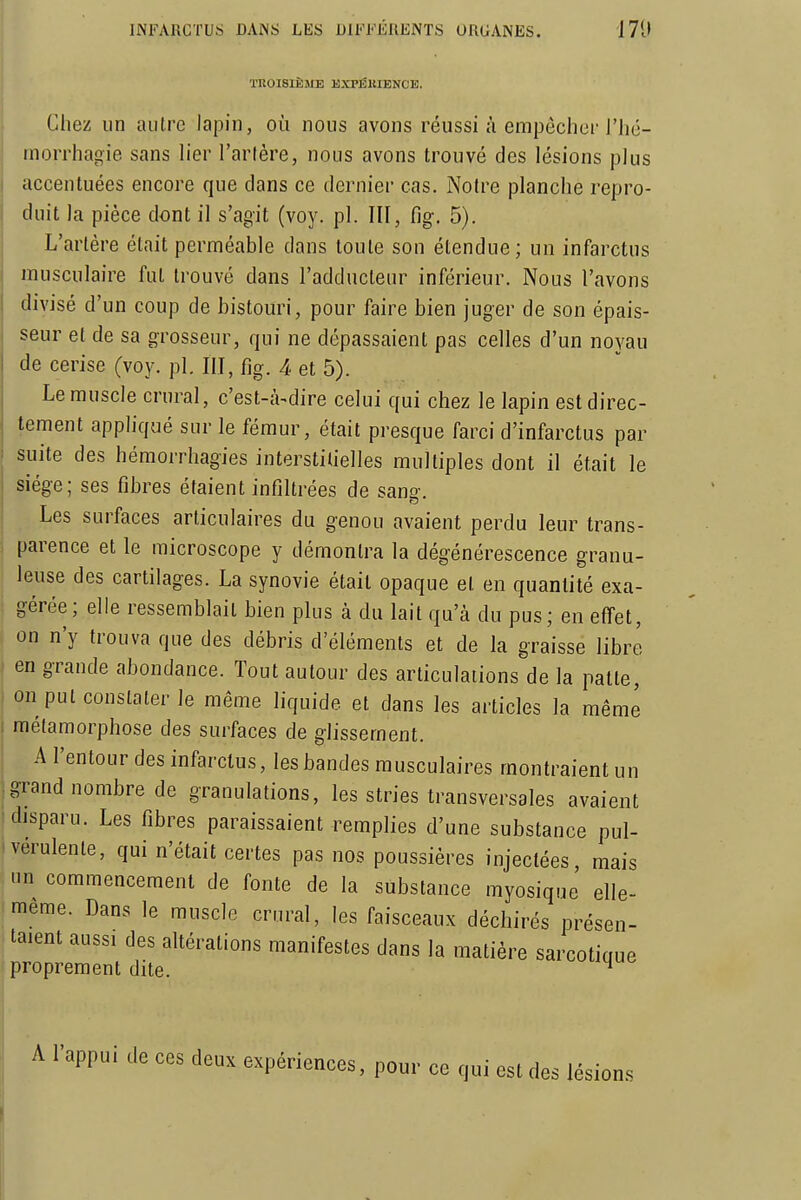 ÏU0I8IKME EXPÉKIENCE. Chez un autre lapin, où nous avons réussi à empèchei'l'hé- morrhagie sans lier Tarière, nous avons trouvé des lésions plus accentuées encore que dans ce dernier cas. Notre planche repro- duit la pièce dont il s'agit (voy. pl. Ill, fig. 5). L'artère était perméable dans toute son étendue; un infarctus musculaire fut trouvé dans l'adducteur inférieur. Nous l'avons divisé d'un coup de bistouri, pour faire bien juger de son épais- seur et de sa grosseur, qui ne dépassaient pas celles d'un noyau de cerise (voy. pl. II.I, fig. 4 et 5). Le muscle crural, c'est-à-dire celui qui chez le lapin est direc- tement appliqué sur le fémur, était presque farci d'infarctus par suite des hémorrhagies interstitielles multiples dont il était le siège; ses fibres étaient infiltrées de sana-. Les surfaces articulaires du genou avaient perdu leur trans- parence et le microscope y démontra la dégénérescence granu- leuse des cartilages. La synovie était opaque et en quantité exa- i gérée; elle ressemblait bien plus à du lait qu'à du pus; en effet, i on n'y trouva que des débris d'éléments et de la graisse libre I en grande abondance. Tout autour des articulations de la patte, on put constater le même liquide et dans les articles la même I métamorphose des surfaces de glissement. A l'entour des infarctus, les bandes musculaires montraient un grand nombre de granulations, les stries transversales avaient disparu. Les fibres paraissaient remplies d'une substance pul- iverulente, qui n'était certes pas nos poussières injectées, mais un commencement de fonte de la substance myosique elle- même. Dans le muscle crural, les faisceaux déchirés présen- taient aussi des altérations manifestes dans la matière sarcotique proprement dite. ^ A l'appui de ces deux expériences, pour ce qui est des lésions