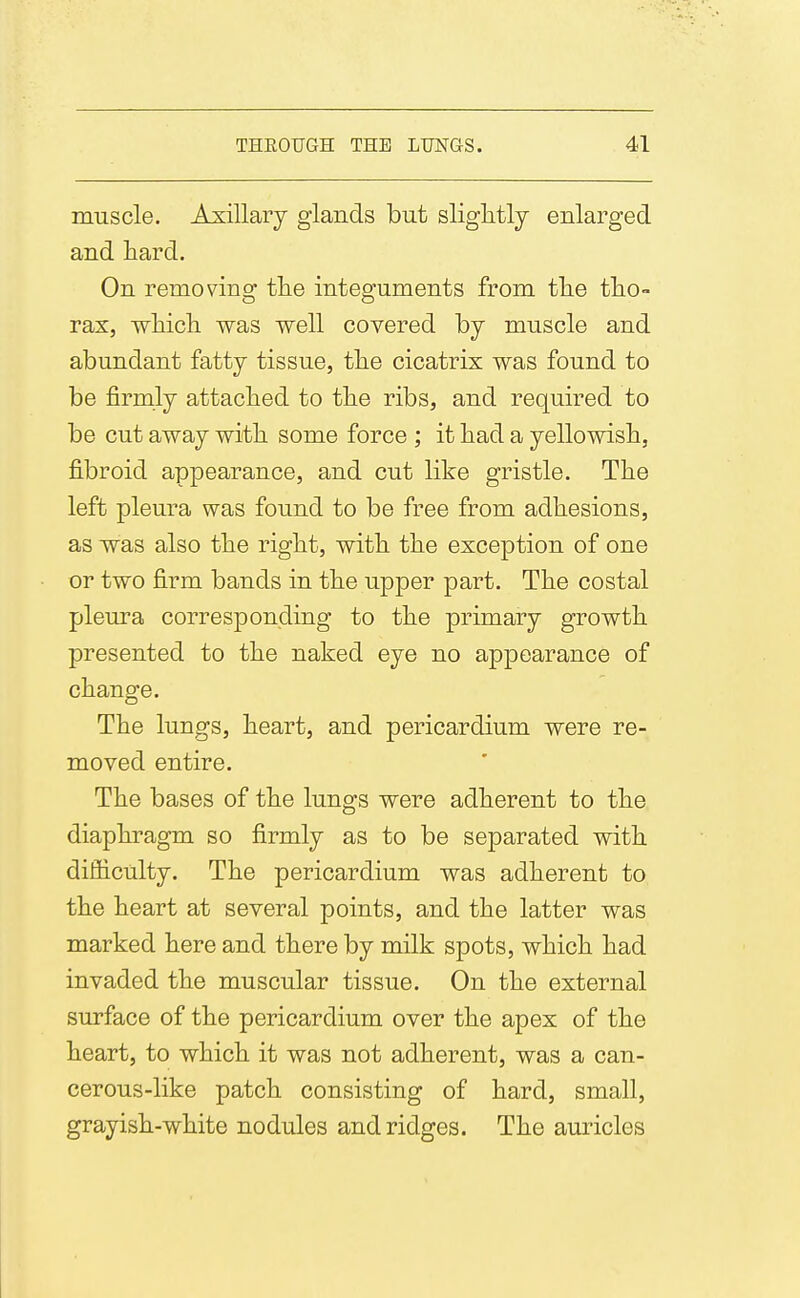 muscle. Axillary glands but slightly enlarged and hard. On removing the integuments from the tho- rax, which was well covered by muscle and abundant fatty tissue, the cicatrix was found to be firmly attached to the ribs, and required to be cut away with some force ; it had a yellowish, fibroid appearance, and cut like gristle. The left pleura was found to be free from adhesions, as was also the right, with the exception of one or two firm bands in the upper part. The costal pleura corresponding to the primary growth presented to the naked eye no appearance of change. The lungs, heart, and pericardium were re- moved entire. The bases of the lungs were adherent to the diaphragm so firmly as to be separated with difficulty. The pericardium was adherent to the heart at several points, and the latter was marked here and there by milk spots, which had invaded the muscular tissue. On the external surface of the pericardium over the apex of the heart, to which it was not adherent, was a can- cerous-like patch consisting of hard, small, grayish-white nodules and ridges. The auricles