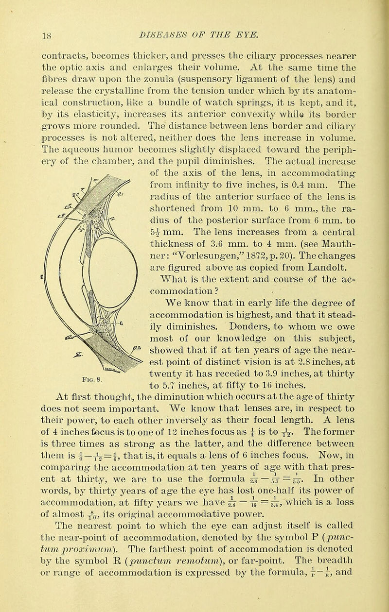 contracts, becomes thicker, and presses the cihary processes nearer the optic axis and enlarg-es their volume. At the same time the fibres draw upon the zonula (suspensory ligament of the lens) and release the crystalline from the tension under which by its anatom- ical construction, like a bundle of watch springs, it is kept, and it, by its elasticity, increases its anterior convexity while its border grows mbre rounded. The distance between lens border and ciliary processes is not altered, neither does the lens increase in volume. The aqueous humor becomes slightly displaced toward the periph- ery of the chamber, and the pupil diminishes. The actual increase of the axis of the lens, in accommodating- from infinity to five inches, is 0.4 mm. The radius of the anterior surface of the lens is shortened from 10 mm. to 6 mm., the ra- dius of the posterior surface from 6 mm. to 5| mm. The lens increases from a central thickness of 3.6 mm. to 4 mm. (see Mauth- ner: Vorlesungen, 1872,p. 20). The changes are figured above as copied from Landolt. What is the extent and course of the ac- commodation ? We know that in early life the degree of accommodation is highest, and that it stead- ily diminishes. Bonders, to whom we owe most of our knowledge on this subject, showed that if at ten years of age the near- est point of distinct vision is at 2.8 inches, at twenty it has receded to 3.9 inches, at thirty to 5.7 inches, at fifty to 16 inches. At first thought, the diminution which occurs at the age of thirty does not seem important. We know that lenses are, in respect to their power, to each other inversely as their focal length. A lens of 4 inches focus is to one of 12 inches focus as i is to The former is three times as strong as the latter, and the difference between them is l—^^—h that is, it equals a lens of 6 inches focus. Now, in comparing the accommodation at ten years of age with that pres- ent at thirty, we are to use the formula ~ bJ — Tb- In other words, by thirty years of age the eye has lost one-half its power of accommodation, at fifty years we have — = which is a loss of almost its original accommodative power. The nearest point to which the eye can adjust itself is called the near-point of accommodation, denoted by the symbol P {punc- tum proximuni). The farthest point of accommodation is denoted by the symbol R {punctum remotum), or far-point. The breadth or range of accommodation is expressed by the formula, \ — r, and