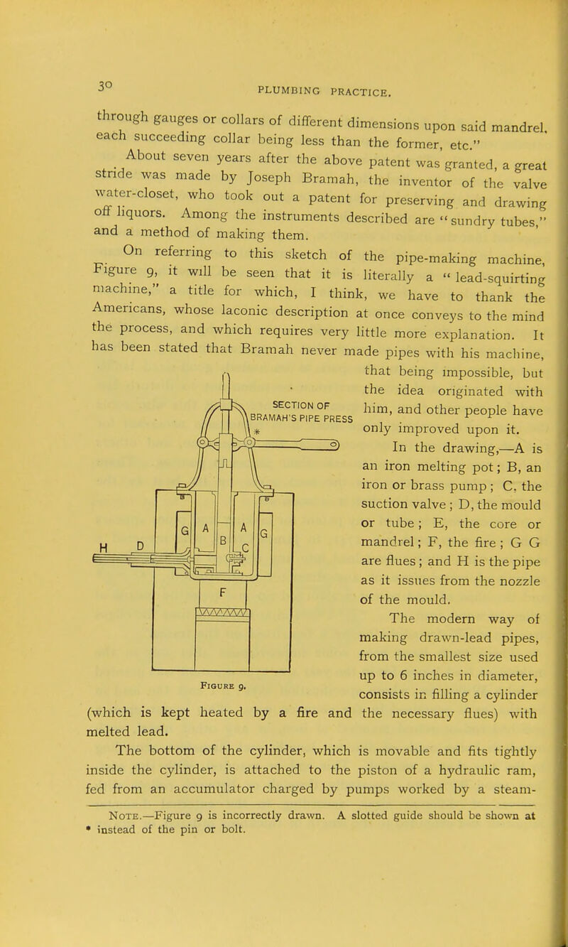 SECTION OF BRAMAH'S PIPE PRESS * through gauges or collars of different dimensions upon said mandrel, each succeeding collar being less than the former etc  About seven years after the above patent was granted, a great stride was made by Joseph Bramah, the inventor of the valve v^^ter-closet, who took out a patent for preserving and drawing off liquors. Among the instruments described are sundry tubes, and a method of making them. On referring to this sketch of the pipe-making machine, Figure 9, it will be seen that it is literally a  lead-squirting machine, a title for which, I think, we have to thank the Americans, whose laconic description at once conveys to the mind the process, and which requires very little more explanation. It has been stated that Bramah never made pipes with his macliine, that being impossible, but the idea originated with him, and other people have only improved upon it. In the drawing,—A is an iron melting pot; B, an iron or brass pump ; C. the suction valve ; D, the mould or tube; E, the core or mandrel; F, the fire ; G G are flues ; and H is the pipe as it issues from the nozzle of the mould. The modern way of making drawn-lead pipes, from the smallest size used up to 6 inches in diameter, consists in filling a cylinder (which is kept heated by a fire and the necessary flues) with melted lead. The bottom of the cylinder, which is movable and fits tightly inside the cylinder, is attached to the piston of a hydraulic ram, fed from an accumulator charged by pumps worked by a steam- FlGURE 9. Note.—Figure 9 is incorrectly drawn. A slotted guide should be shown at • instead of the pin or bolt.