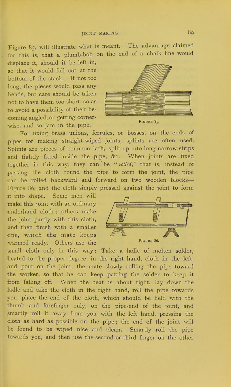 Figure 85, will illustrate what is meant. The advantage claimed for this is, that a plumb-bob on the end of a chalk hne would •displace it, should it be left in, «o that it would fall out at the bottom of the stack. If not too long, the pieces would pass any bends, but care should be taken not to have them too short, so as to avoid a possibility of their be- coming angled, or getting corner- . , . Figure 85. wise, and so jam m the pipe. For fixing brass unions, ferrules, or bosses, on the ends of pipes for making straight-wiped joints, splints are often used. Splints are pieces of common lath, split up into long narrow strips and tightly fitted inside the pipe, &c. When joints are fixed together in this way, they can be  rolled,'' that is, instead of passing the cloth round the pipe to form the joint, the pipe -can be rolled backward and forward on two wooden blocks— Figure 86, and the cloth simply pressed against the joint to form it into shape. Some men will make this joint with an ordinary underhand cloth ; others make the joint partly with this cloth, and then finish with a smaller one, which the mate keeps warmed ready. Others use the small cloth only in this way: Take a ladle of molten solder, heated to the proper degree, in the right hand, cloth in the left, and pour on the joint, the mate slowly rolling the pipe toward the worker, so that he can keep patting the solder to keep it from falling ofi. When the heat is about right, lay down the ladle and take the cloth in the right hand, roll the pipe towards you, place the end of the cloth, which should be held with the thumb and forefinger only, on the pipe-end of the joint, and smartly roll it away from you with the left hand, pressing the cloth as hard as possible on the pipe; the end of the joint will be found to be wiped nice and clean. Smartly roll the pipe towards you, and then use the second or third finger on the other