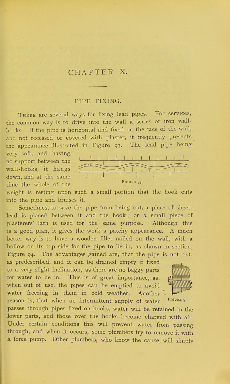 PIPE FIXING. Figure 93. There are several ways for fixing lead pipes. For services, the common way is to drive into the wall a series of iron wall- hooks. If the pipe is horizontal and fixed on the face of the wall, and not recessed or covered with plaster, it frequently presents the appearance illustrated in Figure 93. The lead pipe being very soft, and having no support between the wall-hooks, it hangs down, and at the same time the Avhole of the weight is resting upon such a small portion that the hook cuts into the pipe and bruises it. Sometimes, to save the pipe from being cut, a piece of sheet- lead is placed between it and the hook; or a small piece of plasterers' lath is used for the same purpose. Although this is a good plan, it gives the work a patchy appearance. A much better way is to have a wooden fillet nailed on the wall, with a hollow on its top side for the pipe to lie in, as shown in section, Figure 94. The advantages gained are, that the pipe is not cut, as predescribed, and it can be; drained empty if fixed to a very slight inclination, as there are no baggy parts for water to lie in. This is of great importance, as, -when out of use, the pipes can be emptied to avoid -water freezing in them in cold weather. Another reason is, that when an intermittent supply of water 9 passes through pipes fixed on hooks, water will be retained in the lower parts, and those over the hooks become charged with air. Under certain conditions this will prevent water from passing through, and when it occurs, some plumbers try to remove it with a force pump. Other plumbers, who know the cause, will simply