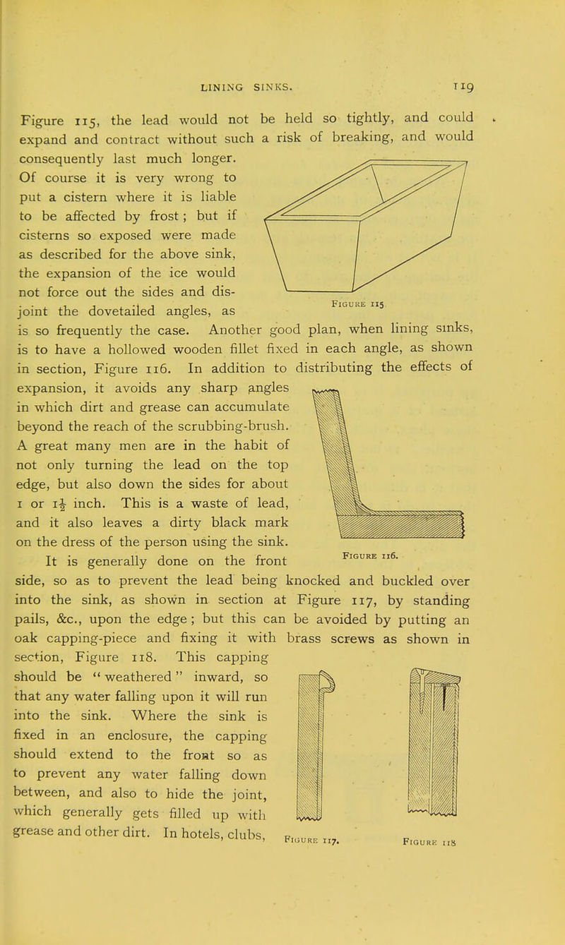 FlGUHE 115 Figure 115, the lead would not be held so tightly, and could expand and contract without such a risk of breaking, and would consequently last much longer. Of course it is very wrong to put a cistern where it is liable to be affected by frost; but if cisterns so exposed were made as described for the above sink, the expansion of the ice would not force out the sides and dis- joint the dovetailed angles, as is so frequently the case. Another good plan, when Hning smks, is to have a hollowed wooden fillet fixed in each angle, as shown in section, Figure 116. In addition to distributing the effects of expansion, it avoids any sharp angles in which dirt and grease can accumulate beyond the reach of the scrubbing-brush. A great many men are in the habit of not only turning the lead on the top edge, but also down the sides for about I or inch. This is a waste of lead, and it also leaves a dirty black mark on the dress of the person using the sink. It is generally done on the front side, so as to prevent the lead being knocked and buckled over into the sink, as shown in section at Figure 117, by standing pails, &c., upon the edge ; but this can be avoided by putting an oak capping-piece and fixing it with brass screws as shown in section. Figure 118. This capping should be  weathered inward, so that any water falling upon it will run into the sink. Where the sink is fixed in an enclosure, the capping should extend to the front so as to prevent any water falling down between, and also to hide the joint, which generally gets filled up with grease and other dirt. In hotels, clubs, Figure ii6. ii ft U>>iivsj Em