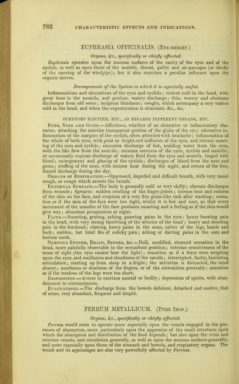 EUPHRASIA OEEICINALIS. (Eye-bright.) Organs, Sfc, specifically or chiefly affected. Euphrasia operates upon the mucous surfaces of the cavity of the eyes and of the eyelids, as well as upon those of the nostrils, throat, gullet and air-passages (or chiefly of the opening of the windpipe); but it also exercises a peculiar influence upon the organic nerves. Derangements of the System in which it is especially useful. Inflammations and ulcerations of the eyes and eyelids; violent cold in the head, witli great heat in the nostrils, and profuse, watery discharge; thin, watery and obstinate discharges from old sores; incipient blindness; coughs, which accompany a very violent cold in the head, and when the expectoration is abundant, &c., &c. SYMPTOMS ELICITED, ETC., AS EEGAEDS DIEPEEENT ORGANS, ETC. Eyes, Nose and Gums,—Affections, whether of an ulcerative or inflammatory cha- racter, attacking the anterior transparent portion of the globe of the eye; ulcerative in- flammation of the margins of the eyelids, often attended with headache; inflammation of the whole of both eyes, with pink or bright-red suffusion of the eyes, and intense smart- ing of the eyes and eyelids; excessive discharge of hot, scalding water from the eyes, with the like flow from the nostrils; extreme soreness of the eyes, eyelids and nostrils; or occasionally copious discharge of watery fluid from the eyes and nostrils, tinged with blood; enlargement and glueing of the eyelids; discharges of blood from the nose and gums; stuffing of the nose, with intense heat during the night, and return of the free, limpid discharge during the day. Organs of Respiration.—Oppressed, impeded and difficult breath, with very moist cough, or cough which arrests the breath. External Surface.—The body is generally cold or very chilly; chronic discharges from wounds ; figwarts: sudden swelling of the finger-joints ; intense heat and redness of the skin on the face, and eruption of a very fine grain-like rash after washing; sensa- tion as if the skin of the face were too tight, whilst it is hot and sore, so that every movement of the muscles of the face produces smarting and a feeling as if the skin would give way; abundant perspiration at night. Pains.—Smarting, grating, aching, gnawing pains in the eyes; heavy bursting pain in the head, with very strong throbbing of the arteries of the head ; heavy and shooting pain in the forehead; clawing, heavy pains in the arms, calves of the legs, hands and back; sudden, but brief fits of colicky pain; aching or darting pains in the ears and bottom teeth. Nervous System, Brain, Senses, &c. —Dull, muddled, stunned sensation in the head, more painfully observable in the recumbent position; extreme sensitiveness of the sense of sight (the eyes cannot bear the light); sensation as if a force were weighing upon the eyes, and oscillation and cloudiness of the candle; interrupted, faulty, hesitating articulation; starting up from sleep in a fright; the attention is distracted, the mind absent; numbness or deadness of the fingers, or of the extremities generally; sensation as if the tendons of the legs were too short. Disposition.—Averse to exertion mental or bodily; depression of spirits, with aban- donment to circumstances. Evacuations.—The discharge from the bowels deficient, detached and costive, that of urine, very abundant, frequent and limpid. EERRUM MTALLICUM. (Pure Iron.) Organs, Sfc, specifically or chiefly affected. Ferrum would seem to operate more especially upon the vessels engaged in the pro- cesses of absorption, more particularly upon the apparatus of the small intestines upon which the absorption and distribution of the food depends; but also upon the veins and extreme vessels, and circulation generally, as well as upon the mucous surfaces generally, and more especially upon those of the stomach and bowels, and respiratory organs. The womb and its appendages are also very powerfully affected by Ferrum.