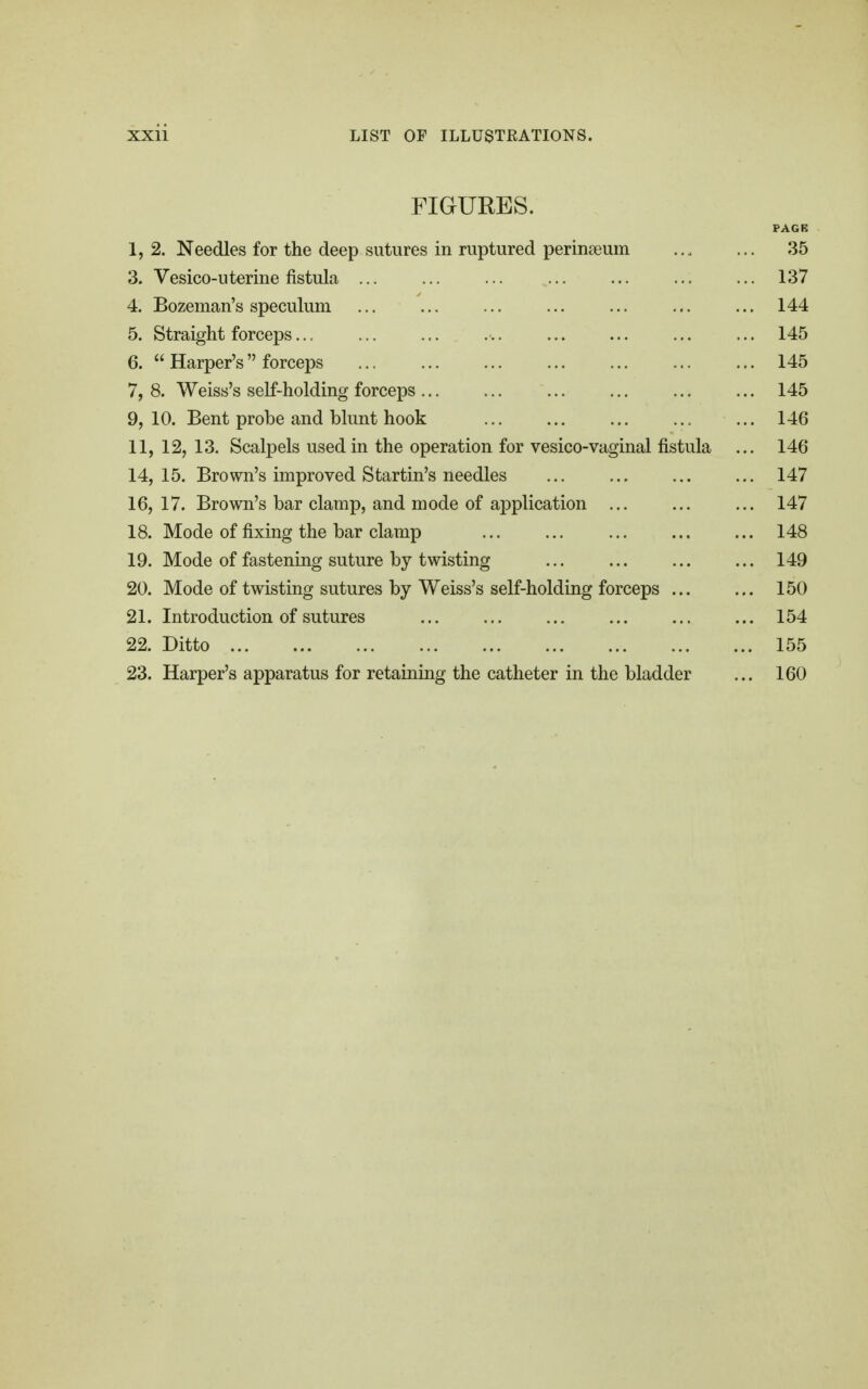 FIGURES. FAGR I, 2. Needles for the deep sutures in ruptured perinseum 35 3. Vesico-uterine fistula ... ... ... ... ... ... ... 137 4. Bozeman's speculum ... ... ... ... ... ... ... 144 5. Straight forceps... ... ... ... ... ... ... ... 145 6.  Harper's forceps 145 7. 8. Weiss's self-holding forceps 145 9,10. Bent probe and blunt hook ... 146 II, 12, 13. Scalpels used in the operation for vesico-vaginal fistula ... 146 14, 15. Brown's improved Startin's needles 147 16, 17. Brown's bar clamp, and mode of application 147 18. Mode of fixing the bar clamp 148 19. Mode of fastening suture by twisting 149 20. Mode of twisting sutures by Weiss's self-holding forceps 150 21. Introduction of sutures 154 22. Ditto 155 23. Harper's apparatus for retaining the catheter in the bladder ... 160