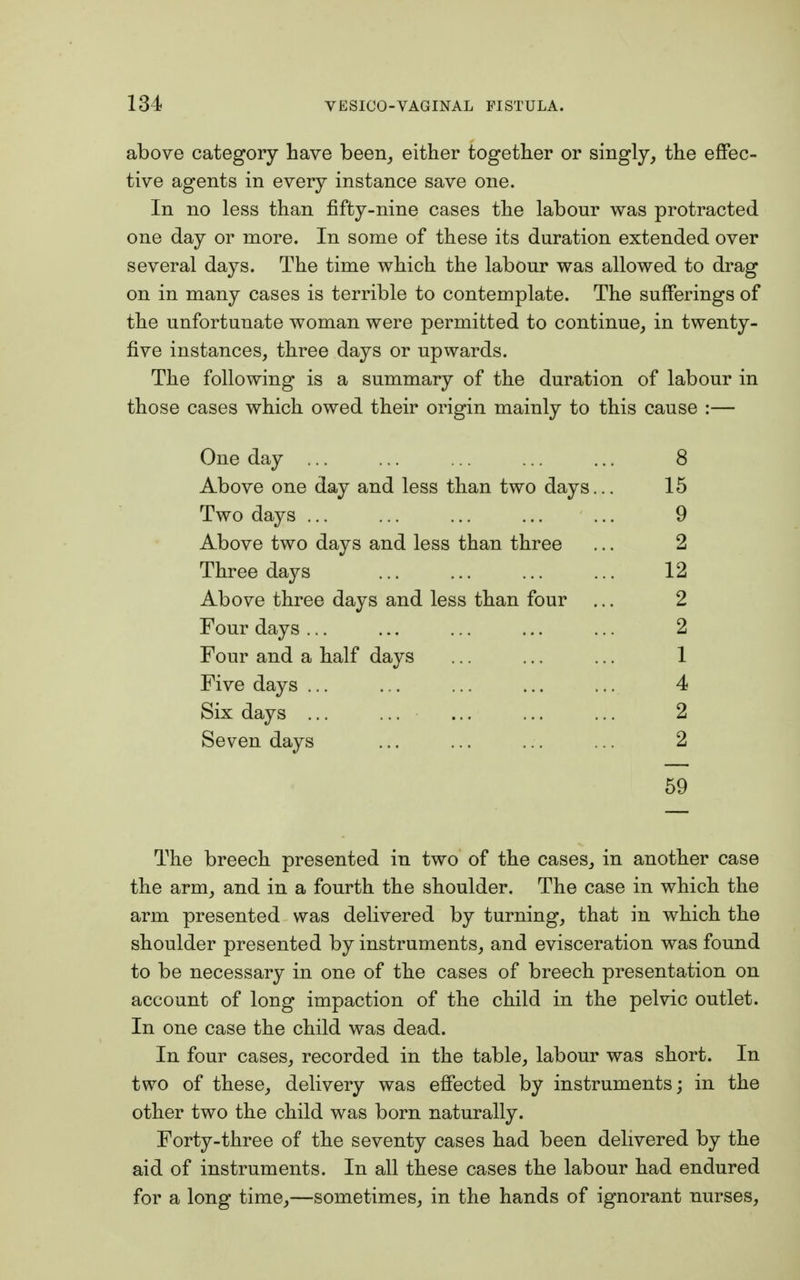 above category have been, either together or singly, the effec- tive agents in every instance save one. In no less than fifty-nine cases the labour was protracted one day or more. In some of these its duration extended over several days. The time which the labour was allowed to drag on in many cases is terrible to contemplate. The sufferings of the unfortunate woman were permitted to continue, in twenty- five instances, three days or upwards. The following is a summary of the duration of labour in those cases which owed their origin mainly to this cause :— One day ... ... ... ... ... 8 Above one day and less than two days... 15 Two days ... ... ... ... ... 9 Above two days and less than three ... 2 Three days ... ... ... ... 12 Above three days and less than four ... 2 Four days ... ... ... ... ... 2 Four and a half days ... ... ... 1 Five days ... ... ... ... ... 4 Six days ... ... ... ... ... 2 Seven days ... ... ... ... 2 59 The breech presented in two of the cases, in another case the arm, and in a fourth the shoulder. The case in which the arm presented was delivered by turning, that in which the shoulder presented by instruments, and evisceration was found to be necessary in one of the cases of breech presentation on account of long impaction of the child in the pelvic outlet. In one case the child was dead. In four cases, recorded in the table, labour was short. In two of these, delivery was effected by instruments; in the other two the child was born naturally. Forty-three of the seventy cases had been delivered by the aid of instruments. In all these cases the labour had endured for a long time,—sometimes, in the hands of ignorant nurses,