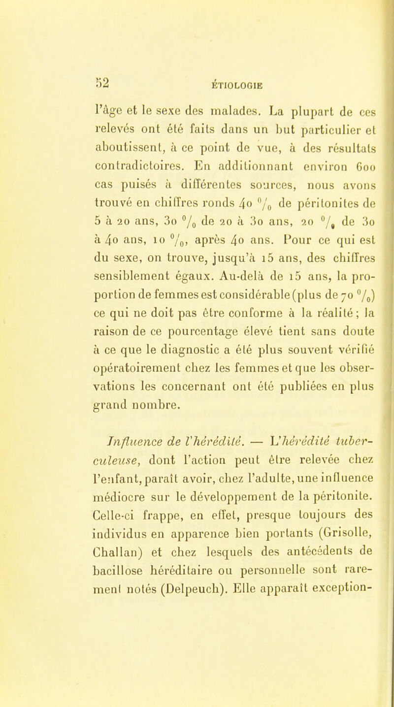 l'âge et le sexe des malades. La plupart de ces relevés ont été faits dans un but particulier et aboutissent, à ce point de vue, à des résultais contradictoires. En additionnant environ Goo cas puisés à différentes sources, nous avons trouvé en cbiffres ronds 4o /(, de péritonites de 5 à 20 ans, 3o °/o de 20 à 3o ans, 20 de 3o à 4o ans, 10 /g, après 4» ans. Four ce qui est du sexe, on trouve, jusqu'à i5 ans, des cbiffres sensiblement égaux. Au-delà de i5 ans, la pro- portion de femmes est considérable (plus de 70 /o) ce qui ne doit pas être conforme à la réalité ; la raison de ce pourcentage élevé tient sans doute à ce que le diagnostic a été plus souvent vérifié opératoirement cbez les femmes et que les obser- vations les concernant ont été publiées en plus grand nombre. Influence de Vhérédilé. — L'hérédité tuber- culeuse, dont l'action peut être relevée chez l'enfant, paraît avoir, cbez l'adulte, une influence médiocre sur le développement de la péritonite. Celle-ci frappe, en effet, presque toujours des individus en apparence bien portants (Grisolle, Challan) et chez lesquels des antécédents de bacillose héréditaire ou personnelle sont rare- ment notés (Delpeuch). Elle apparaît exception-