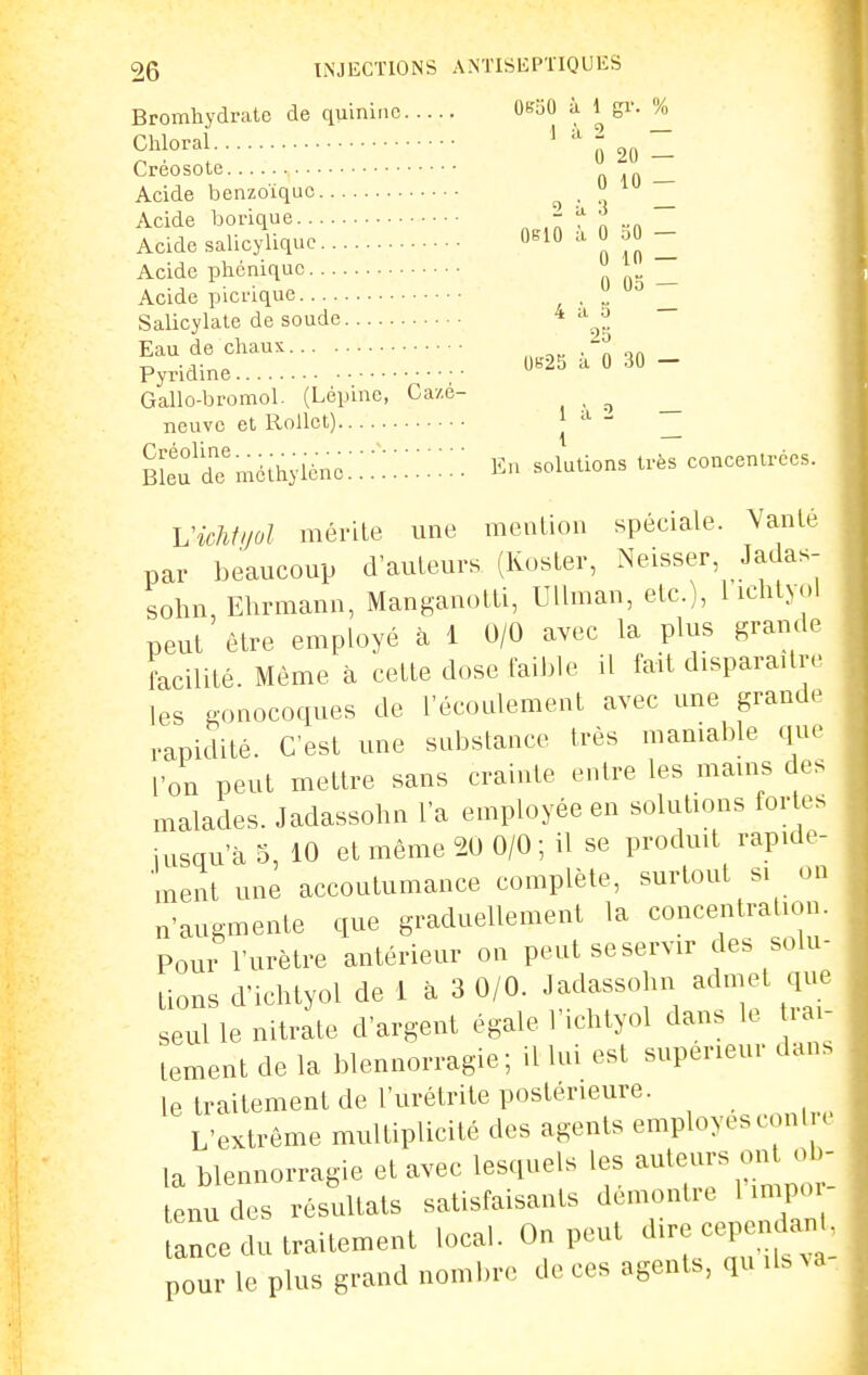 Bromhydrate de quinine OeoO à 1^ gv. ^ Chloral ^ 0 20 - Créosote Acide benzoïquc o • i — Acide borique „ « -n Acide salicyliquo '''^^ J I Acide phonique n n — Acide picrique i ■ ^ _ Salicylate de soude * Eau de chaux .- Pyridine ;• Ub'SS a 0 30 - Gallo-bromol. (Lépme, Gaze- _^ ^ neuve et Rollct) | - B^'iSf méihyléne; solutions très concentrées. Vichliiol mérile une meuLion spéciale. Vanle par beaucoup d'auteurs (Kosler, Neisser, Jadas- sohn, Ehrraann, Mansauotli, UUmau, etc.), l ichtynl peut être employé à 1 0/0 avec la plus grande facilité. Même à cette dose faible il fait disparadtv les aonocoques de l'écoulement avec une grand.' rapidité. C'est une sttbstance très mamable qu.' l'on peut mettre sans crainte entre les mains des malades. Jadassohn l'a employée en solutions fortes jusqu'à S, 10 et même 20 0/0; il se produit rapide- ment une accoutumance complète, surtout si on n'augmente que graduellement la concentration. Pour l'urètre antérieur on peut se servir des solu- tions d'ichtyol de 1 à 3 0/0. Jadassohn admet qu^ seul le nitrate d'argent égale l'ichtyol dans le rai- tement de la blennorragie; il lui est supérieur dans le traitement de l'urétrite postérieure. L'extrême multiplicité des agents employésconl c la blennorragie et avec lesquels les auteurs on ob- tenu des résultats satisfaisants démontre 1 impo tance du traitement local. On peut d.re cepenc^au • pour le plus grand nombre de ces agents, qu ils va