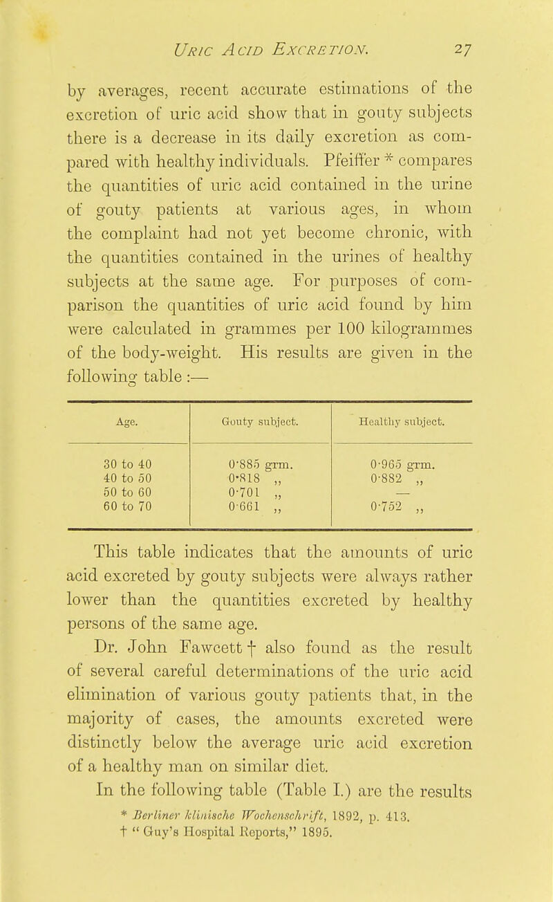 by averages, recent accurate estimations of the excretion of uric acid show that in gouty subjects there is a decrease in its daily excretion as com- pared with healthy individuals. Pfeiffer * compares the quantities of uric acid contained in the urine of gouty patients at various ages, in whom the complaint had not yet become chronic, Avith the quantities contained in the urines of healthy subjects at the same age. For purposes of com- parison the quantities of uric acid found by him were calculated in grammes per 100 kilogrammes of the body-weight. His results are given in the following table:— Age. Gouty subject. Healthy subject. 30 to 40 40 to 50 50 to 60 60 to 70 0-885 grm. 0-818 „ 0-701 „ 0 661 „ 0-965 grm. 0-882 „ 0-752 „ This table indicates that the amounts of uric acid excreted by gouty subjects were always rather lower than the quantities excreted by healthy persons of the same age. Dr. John Fawcett f also found as the result of several careful determinations of the uric acid elimination of various gouty patients that, in the majority of cases, the amounts excreted were distinctly below the average uric acid excretion of a healthy man on similar diet. In the following table (Table I.) are the results * Berliner klinische Wochcnsehnft, 1892, p. 413. t  Guy's Hospital Reports, 1895.