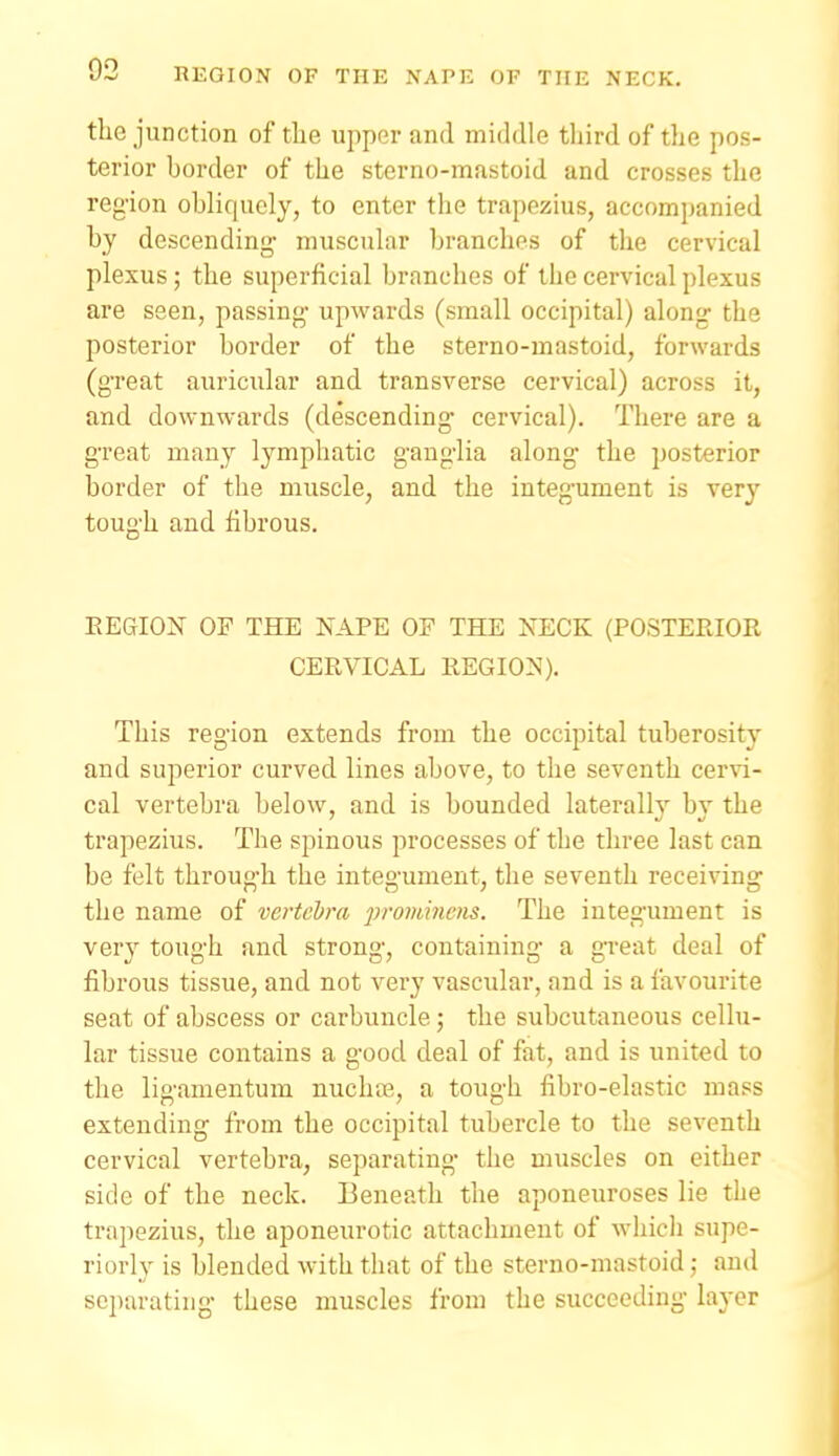 the junction of the upper and middle third of the pos- terior border of the sterno-mastoid and crosses the region obliquely, to enter the trapezius, accompanied by descending- muscular branches of the cervical plexus; the superficial branches of the cervical plexus are seen, passing upwards (small occipital) along the posterior border of the sterno-mastoid, forwards (great auricular and transverse cervical) across it, and downwards (descending cervical). There are a great many lymphatic ganglia along the posterior border of the muscle, and the integument is very tough and fibrous. EEGION OF THE NAPE OP THE NECK (POSTERIOR CERVICAL REGION). This region extends from the occipital tuberosity and superior curved lines above, to the seventh cervi- cal vertebra below, and is bounded laterally by the trapezius. The spinous processes of the three last can be felt through the integument, the seventh receiving the name of vertebra 2}i'0Minens. The integument is very tough and strong, containing a great deal of fibrous tissue, and not very vascular, and is a favourite seat of abscess or carbuncle; the subcutaneous cellu- lar tissue contains a good deal of fat, and is united to the ligamentum nuchoe, a tough fibro-elastic mass extending from the occipital tubercle to the seventh cervical vertebra, separating the muscles on either side of the neck. Beneath the aponeuroses lie the trapezius, the aponeurotic attachment of which supe- riorly is blended with that of the sterno-mastoid; and separating these muscles from the succeeding layer