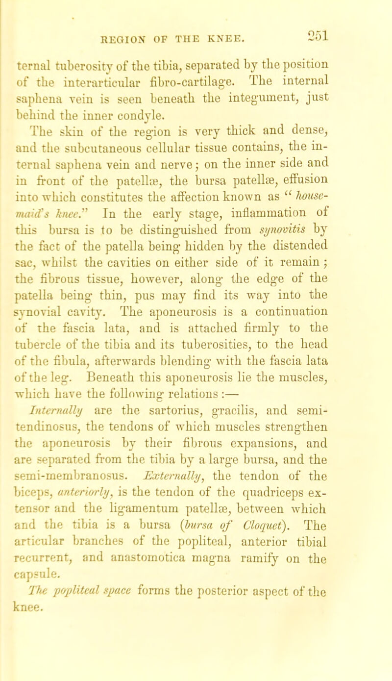 ternal tuberosity of tlie tibia, separated by the position of the interarticular fibro-cartikige. The internal saphena vein is seen beneath the integ'ument, just behind the inner condyle. The skin of the region is very thick and dense, and the subcutaneous cellular tissue contains, the in- ternal saphena vein and nerve; on the inner side and in front of the patellfB, the bursa patellee, effusion into which constitutes the affection known as  honsc- muid's li/we. In the early stage, inflammation of this bursa is to be distinguished from synovitis by the fact of the patella being hidden by the distended sac, whilst the cavities on either side of it remain ; the fibrous tissue, however, along the edge of the patella being thin, pus may find its way into the synovial cavity. The aponeurosis is a continuation of the fascia lata, and is attached firmly to the tubercle of the tibia and its tuberosities, to the head of the fibula, afterwards blending with the fascia lata of the leg. Beneath this aponeurosis lie the muscles, which have the following- relations :— Internallu are the sartorius, gracilis, and semi- tendinosus, the tendons of which muscles strenothen the aponeurosis by their fibrous expansions, and are separated fiom the tibia by a large bursa, and the semi-membranosus. Externally, the tendon of the biceps, anteriorly, is the tendon of the quadriceps ex- tensor and the ligamentum patellee, between which and the tibia is a bursa {bursa of Cloquet). The articular branches of the popliteal, anterior tibial recurrent, and anastomotica magna ramify on the capsule. The popliteal space forms the posterior aspect of the knee.