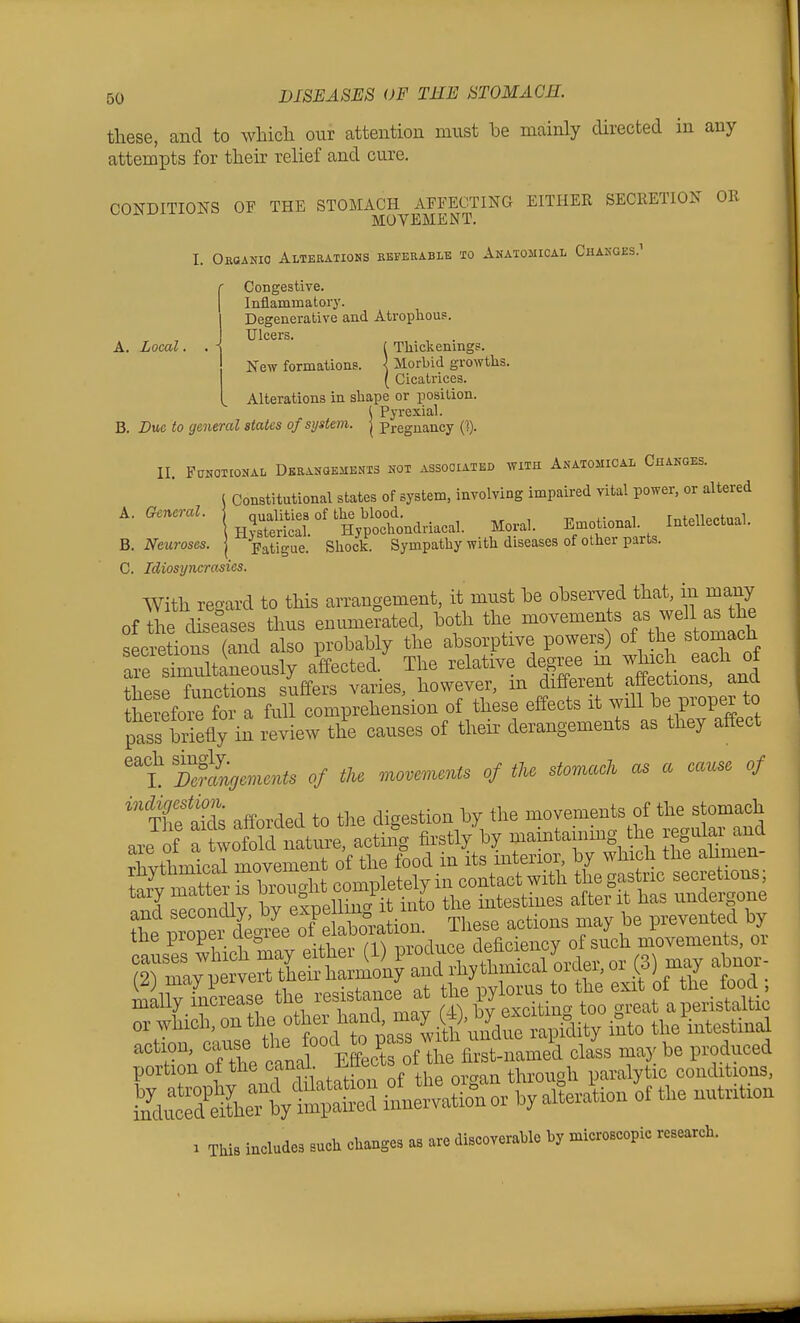 J,^:''^^::^^^^^^. Moral. Emotional. Intellectual. Fatigue. Shock Sympathy with diseases of other parts. 50 DISEASES OF TEE STOMACH. these, and to wLicli our attention must be mainly directed in any attempts for their relief and cure. CONDITIONS OF THE STOMACH AFFECTING EITHER SECRETION OR MOVEMENT. I. Oroanio Alteratiohs referable to Anatomical Chasges.'' Congestive. Inflammatory. Degenerative and Atrophous. A. Local. . \ ' ( Thickenings. New formations. \ Morbid growths. ( Cicatrices. Alterations in shape or position. ( Pyrexial. B. Due to general states of system. | Pregnancy (!). II. FffNOIIONAL DER^NQEilENTS NOT ASSOOIATBD WITH ANATOMICAL CHANGES. I Constitutional states of system, involving impaired vital power, or altered A. General. ^ B. Neuroses. C. Idiosyncrasies. With regard to this arrangement, it must be observed that, in many of the diselises thus enumerated, both the -^^^^^^^^^ .^'^.^/l^;^^^ secretions (and also probably the absorptive powers) of the stomach r StLously affected,' The relative degree m -1^-^^^^^^^^^^ these functions suffers varies, however, m ^^^^^^'^^^^^^^^^^^^^^^ therefore for a full comprehension of these effects it will be piopei to pass briefly in review the causes of their derangements as they affect '&gemcnts of the movements of the stomaeh as a cause of '''f he aids afforded to tlie digestion by the movements of the stomach are of a tofokl nature, acti^- firstly hy —i^^^^^^^^ reg^ar^^^^^ rbvthmical movement of the food m its interior, by which tne anmen J.rv matter rbTou'ht completely in contact with the gastric secretions; and Scondlv by ex^^^^^^ into the mtestines after it has undergone Se 1 ropei deo?^^^^^^^ These actions may be prevented by tne propui ul.^iuc u ,^„nrinpp rlpfioAPncv of such movements, or action, cause the foocUo p^s^^^^^ . portion of the canal.  . through paralytic conditions, . TU» mdad.3 such change, a» are dUeovemUo by micreseepie re,earcl.