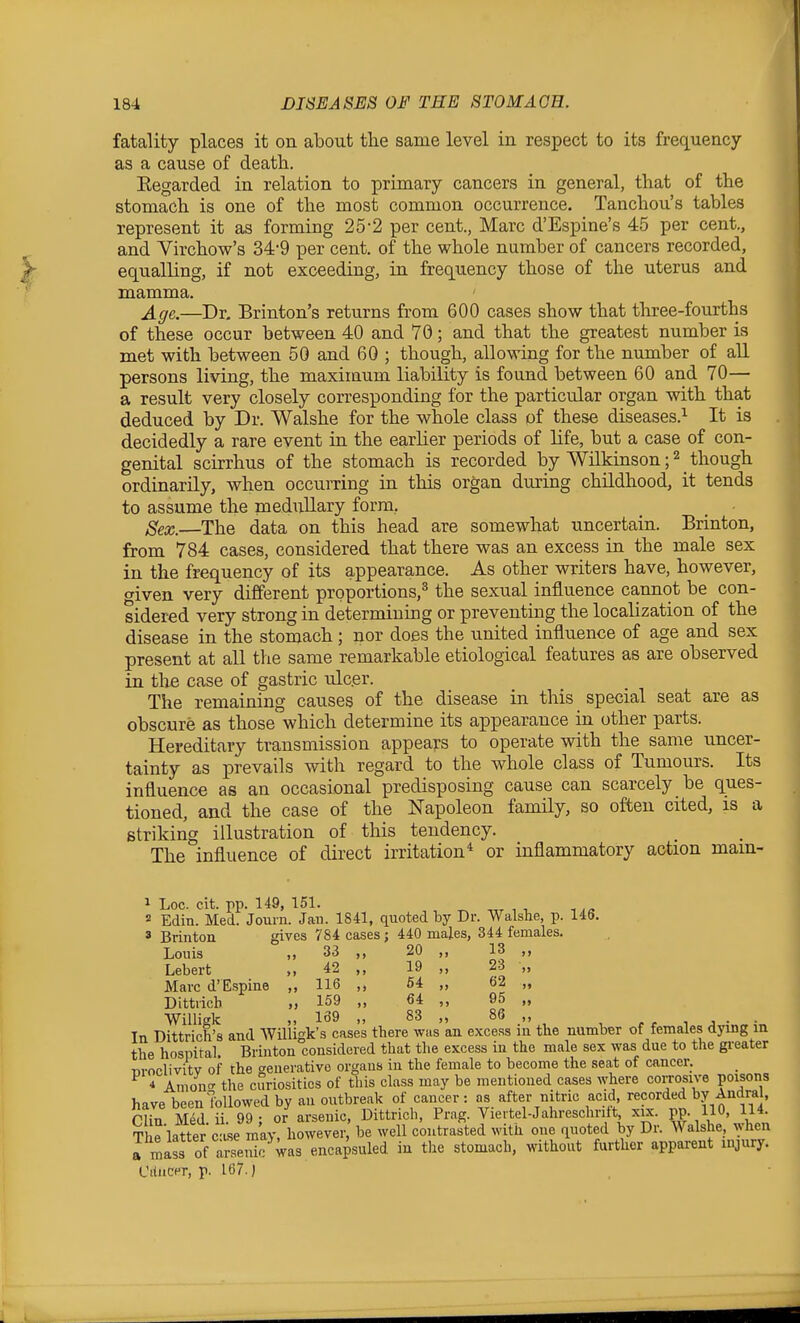 fatality places it on about the same level in respect to its frequency as a cause of death. Eegarded in relation to primary cancers in general, that of the stomach is one of the most common occurrence. Tanchou's tables represent it as forming 25-2 per cent., Marc d'Espine's 45 per cent., and Virchow's 34-9 per cent, of the whole number of cancers recorded, equalling, if not exceeding, in frequency those of the uterus and mamma. j^ge,—Dr. Brinton's returns from 600 cases show that three-fourths of these occur between 40 and 70; and that the greatest number is met with between 50 and 60 ; though, allowing for the number of all persons living, the maximum liability is found between 60 and 70— a result very closely corresponding for the particular organ with that deduced by Dr. Walshe for the whole class of these diseases.^ It is decidedly a rare event iu the earlier periods of life, but a case of con- genital scirrhus of the stomach is recorded by Wilkinson; ^ _ though ordinarily, when occurring in this organ during childhood, it tends to assume the medullary form. Sex.—The data on this head are somewhat uncertain. Brinton, from 784 cases, considered that there was an excess in the male sex in the frequency of its appearance. As other writers have, however, given very different proportions,^ the sexual influence cannot be con- sidered very strong in determining or preventing the localization of the disease in the stomach; nor does the united influence of age and sex present at all the same remarkable etiological features as are observed in the case of gastric ulc.er. The remaining causes of the disease in this special seat are as obscure as those which determine its appearance in other parts. Hereditary transmission appears to operate with the same uncer- tainty as prevails with regard to the whole class of Tumours. Its influence as an occasional predisposing cause can scarcely be ques- tioned, and the case of the Napoleon family, so often cited, is a striking illustration of this tendency. The influence of direct irritation* or inflammatory action mam- 1 Loc. cit. pp. 149, 151. « Edin. Med. Jouin. Jan. 1841, quoted by Dr. Walshe, p. 14t». 3 Brinton gives '.^n„,„i„„ ^aa f..,ai.= Louis Lebert Marc d' Espine ,, Dittricb Wiiligk In Dittrich's and WilligJt s cases lubic wus an ca^.o,-.c, ux^o the hospital. Brinton considered that the excess m the male sex was due to the greater nroclivitv of the aenerative organs in the female to become the seat of cancer. 4 Amon<r the curiosities of this class may be mentioned cases where corrosive poisons have been followed by an outbreak of cancer : as after nitric acid, recorded by Andral, CHn S. r99; o/arsenic, Dittricb, Pn.g. Vie.telJahreschr ft xix. PP- HO. The latter c-ise may, however, be well contrasted with one quoted by Dr. Walshe, when a mass of arseiUc ^as encapsuled in the stomach, without further apparent injury. Citncer, p. 167.) 33 20 „ 13 42 >» 19 „ 23 116 ) > 54 „ 62 159 f) 64 „ 95 139 ») 83 „ 86