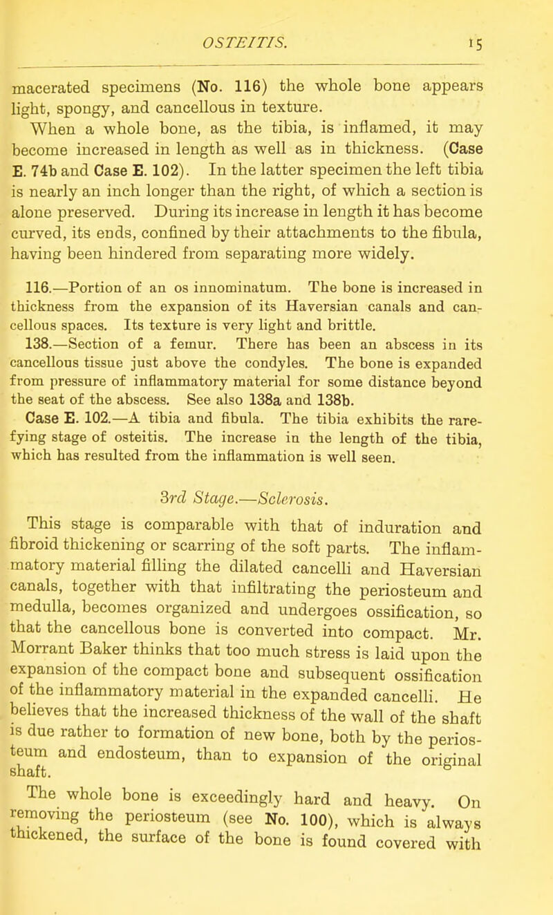macerated specimens (No. 116) the whole bone appears light, spongy, and cancellous in texture. When a whole bone, as the tibia, is inflamed, it may become increased in length as well as in thickness. (Case E. 74b and Case E. 102). In the latter specimen the left tibia is nearly an inch longer than the right, of which a section is alone preserved. During its increase in length it has become curved, its ends, confined by their attachments to the fibula, having been hindered from separating more widely. 116.—Portion of an os innominatum. The bone is increased in thickness from the expansion of its Haversian canals and can- cellous spaces. Its texture is very light and brittle. 138.—Section of a femur. There has been an abscess in its cancellous tissue just above the condyles. The bone is expanded from pressure of inflammatory material for some distance beyond the seat of the abscess. See also 138a and 138b. Case E. 102.—A tibia and fibula. The tibia exhibits the rare- fying stage of osteitis. The increase in the length of the tibia, which has resulted from the inflammation is well seen. 2>rd Stage.—Sclerosis. This stage is comparable with that of induration and fibroid thickening or scarring of the soft parts. The inflam- matory material filling the dilated cancelli and Haversian canals, together with that infiltrating the periosteum and medulla, becomes organized and undergoes ossification, so that the cancellous bone is converted into compact. Mr. Morrant Baker thinks that too much stress is laid upon the expansion of the compact bone and subsequent ossification of the inflammatory material in the expanded cancelli. He believes that the increased thickness of the wall of the shaft is due rather to formation of new bone, both by the perios- teum and endosteum, than to expansion of the original shaft. ^ The whole bone is exceedingly hard and heavy. On removmg the periosteum (see No. 100), which is always thickened, the surface of the bone is found covered with